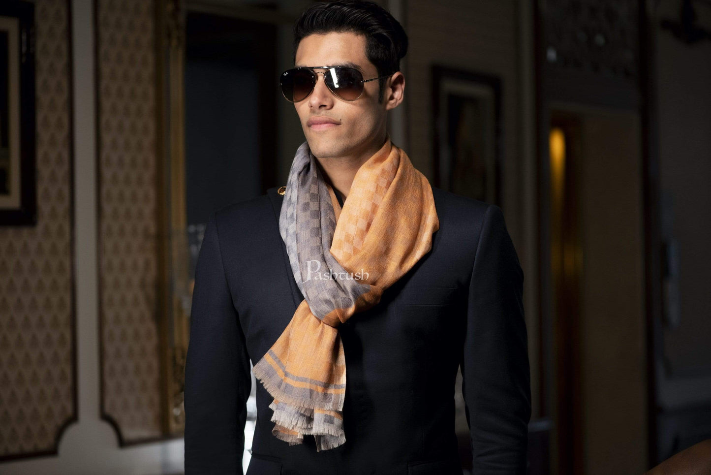 Pashtush India 70x200 Pashtush Mens Cashmere Wool Muffler, Reversible Checks, Twin Weave