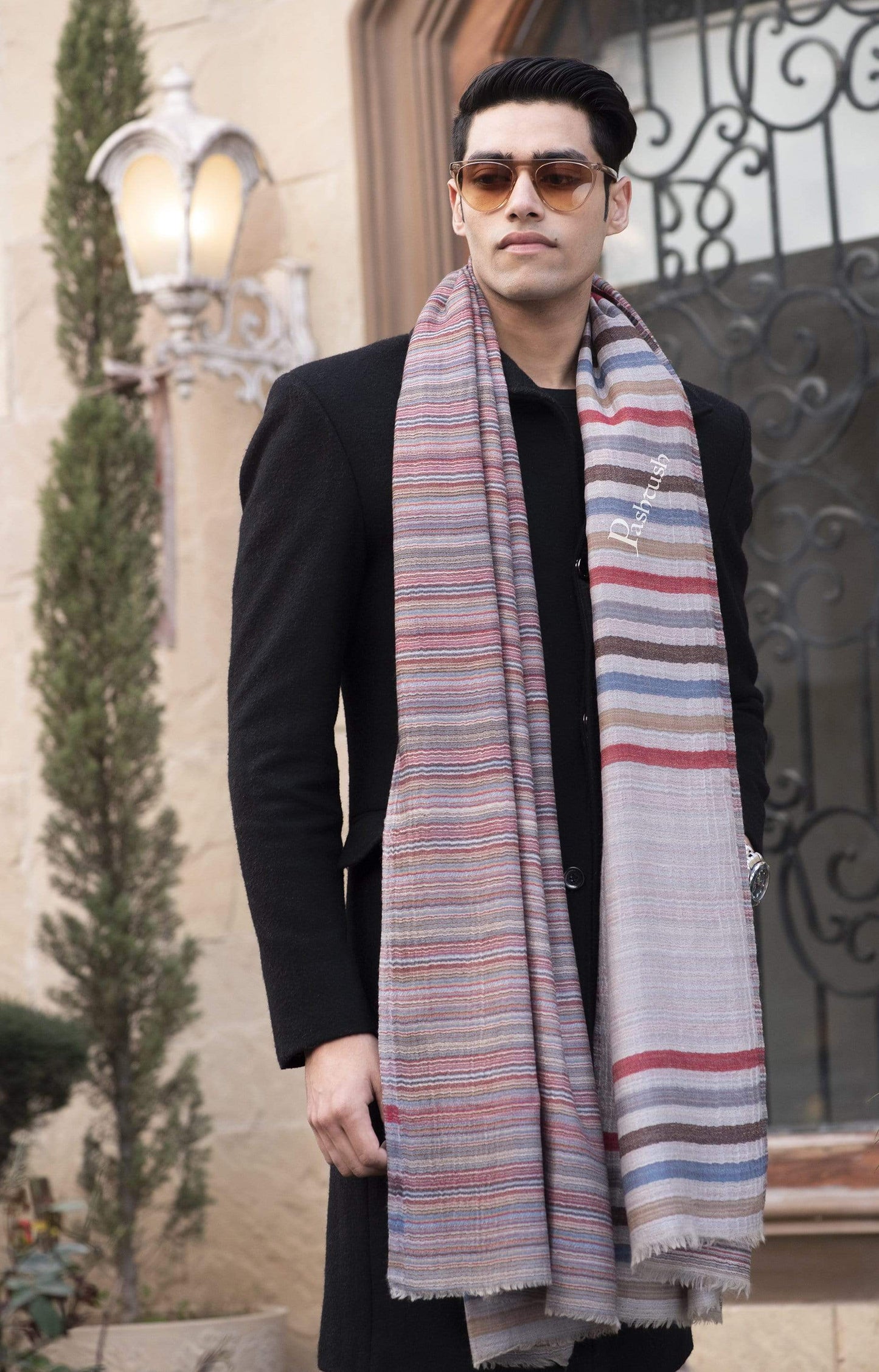 Pashtush India 70x200 Pashtush Mens Cashmere - Wool, Reversible Muffler, Greyed Hues