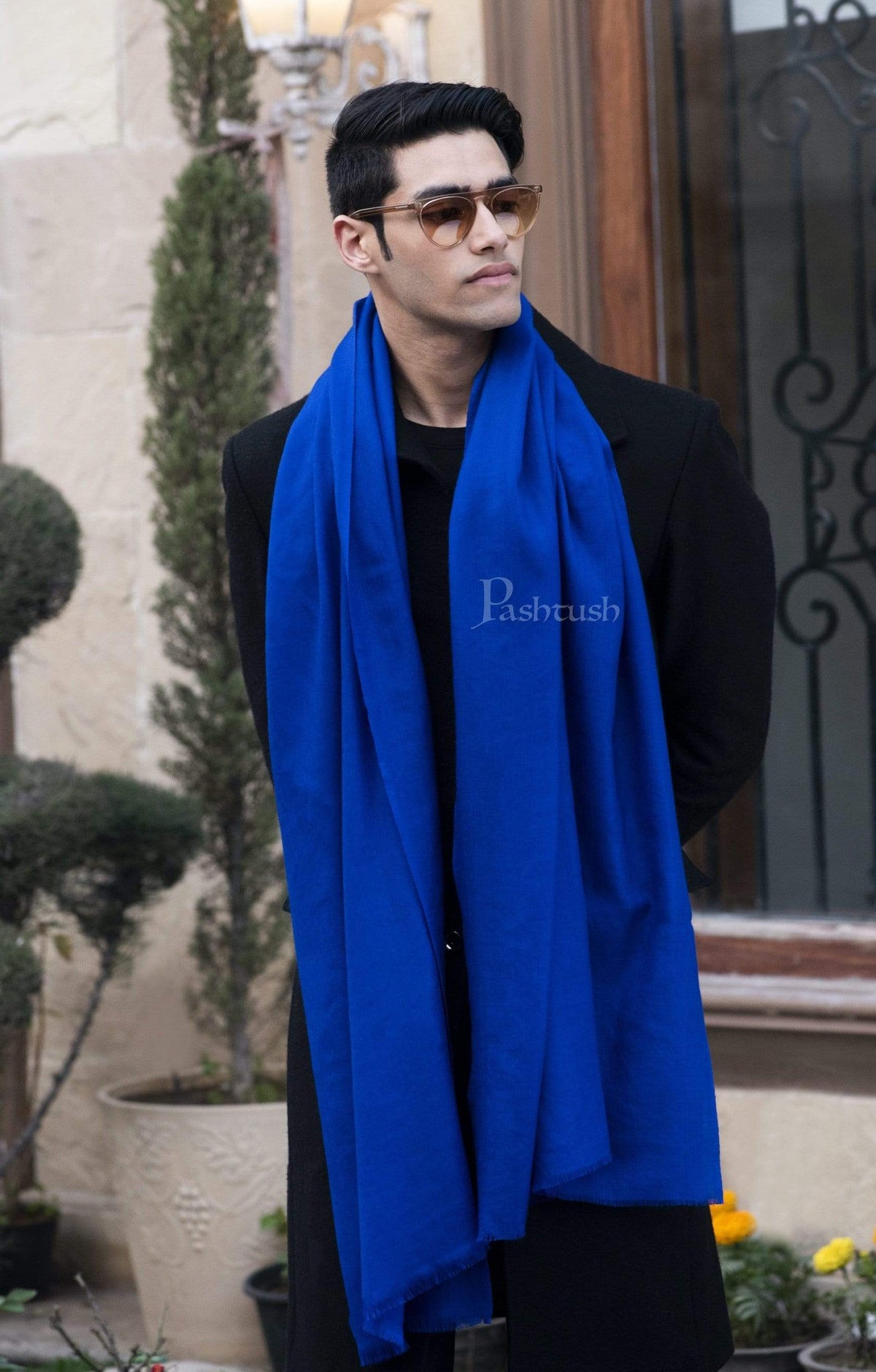 Pashtush India 70x200 Pashtush Mens Cashmere Wool Scarf, Diamond Weave, Azure Blue