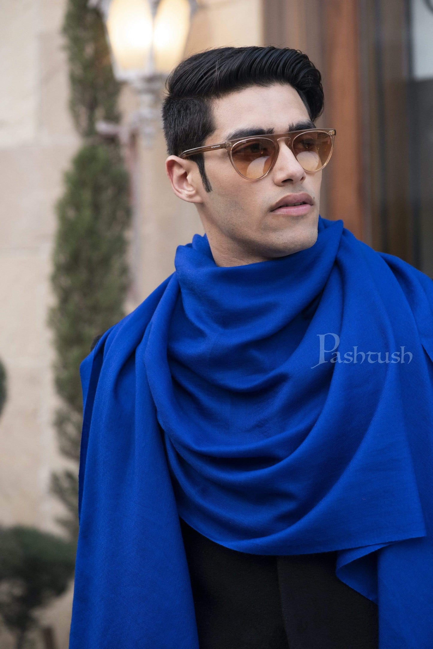 Pashtush India 70x200 Pashtush Mens Cashmere Wool Scarf, Diamond Weave, Azure Blue