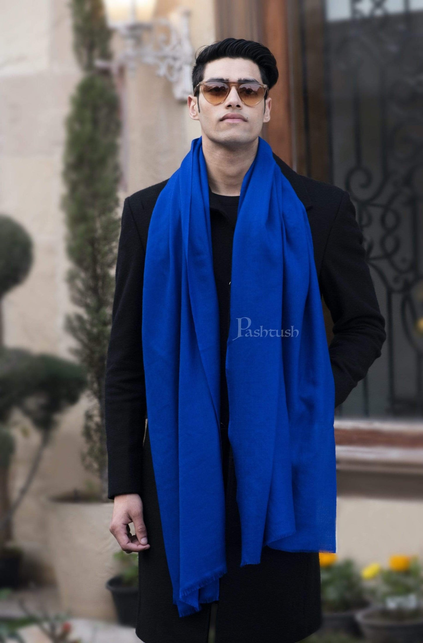 Pashtush India 70x200 Pashtush Mens Cashmere Wool Scarf, Diamond Weave, Azure Blue