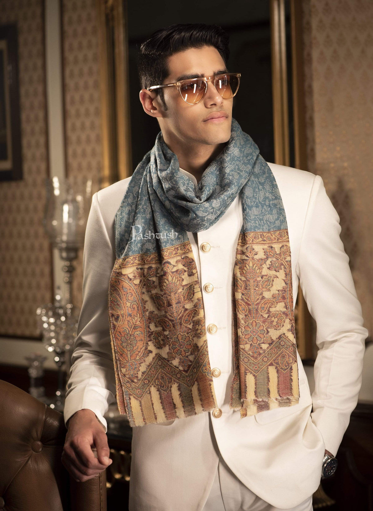 Pashtush India 70x200 Pashtush Mens Cashmere Wool Scarf, Ethnic Design, Arabic Blue