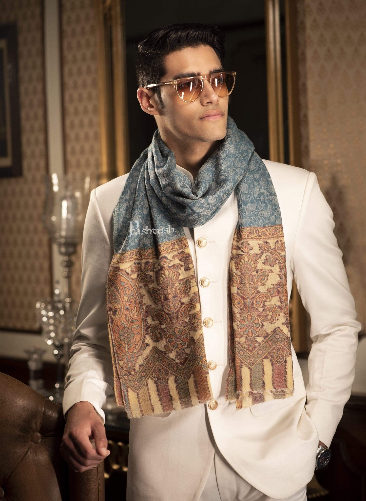 Pashtush India 70x200 Pashtush Mens Cashmere Wool Scarf, Ethnic Design, Arabic Blue