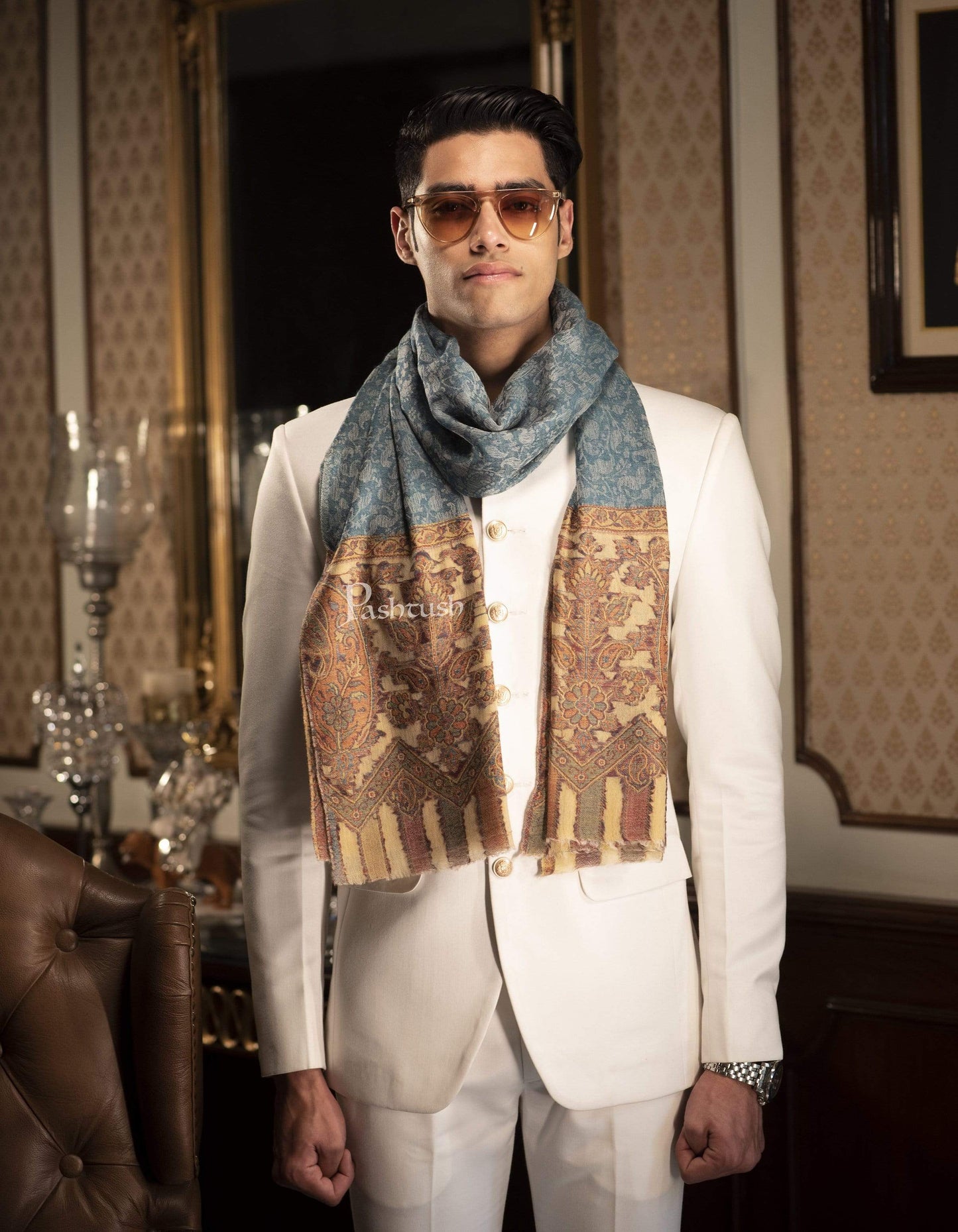 Pashtush India 70x200 Pashtush Mens Cashmere Wool Scarf, Ethnic Design, Arabic Blue