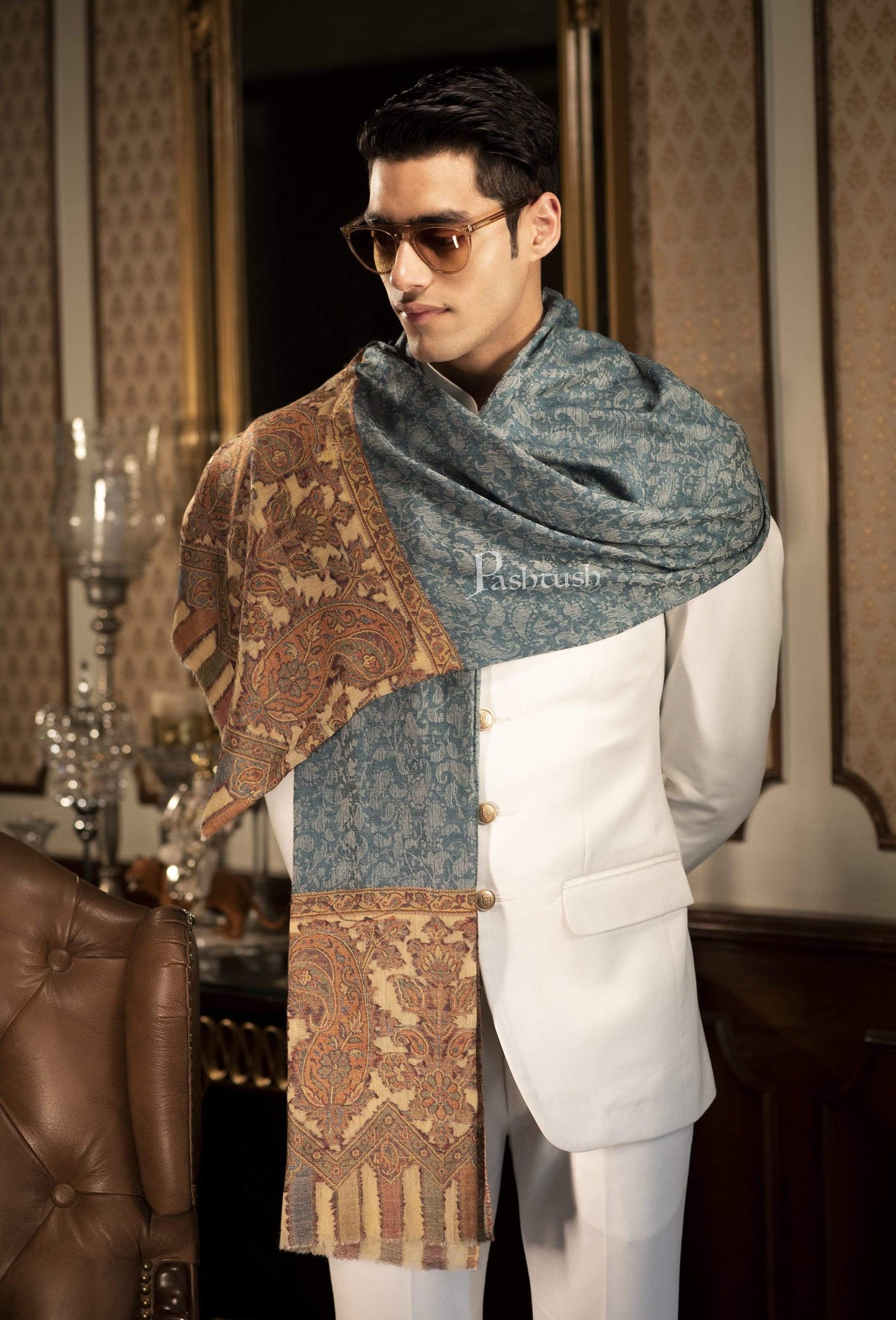Pashtush India 70x200 Pashtush Mens Cashmere Wool Scarf, Ethnic Design, Arabic Blue