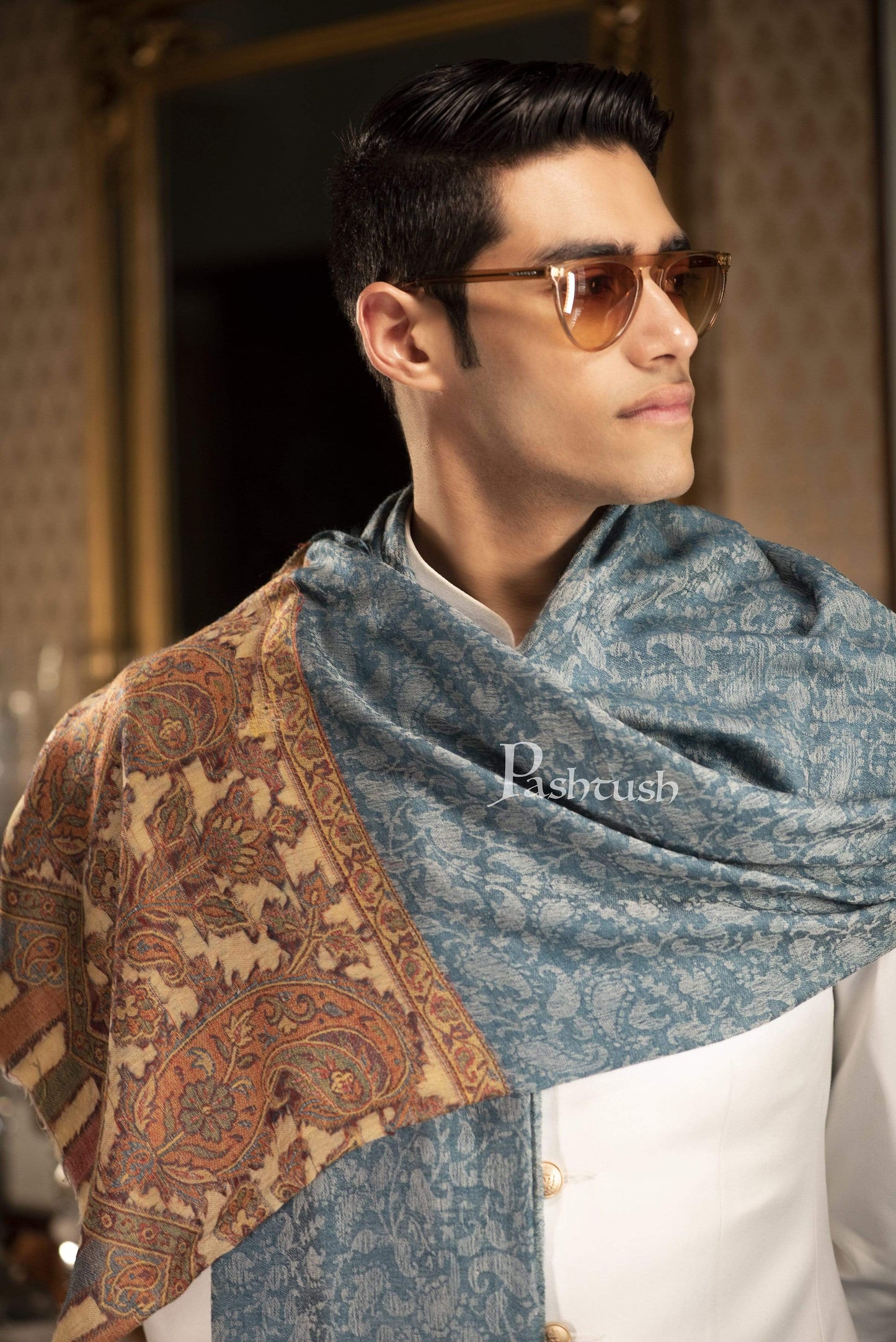 Pashtush India 70x200 Pashtush Mens Cashmere Wool Scarf, Ethnic Design, Arabic Blue