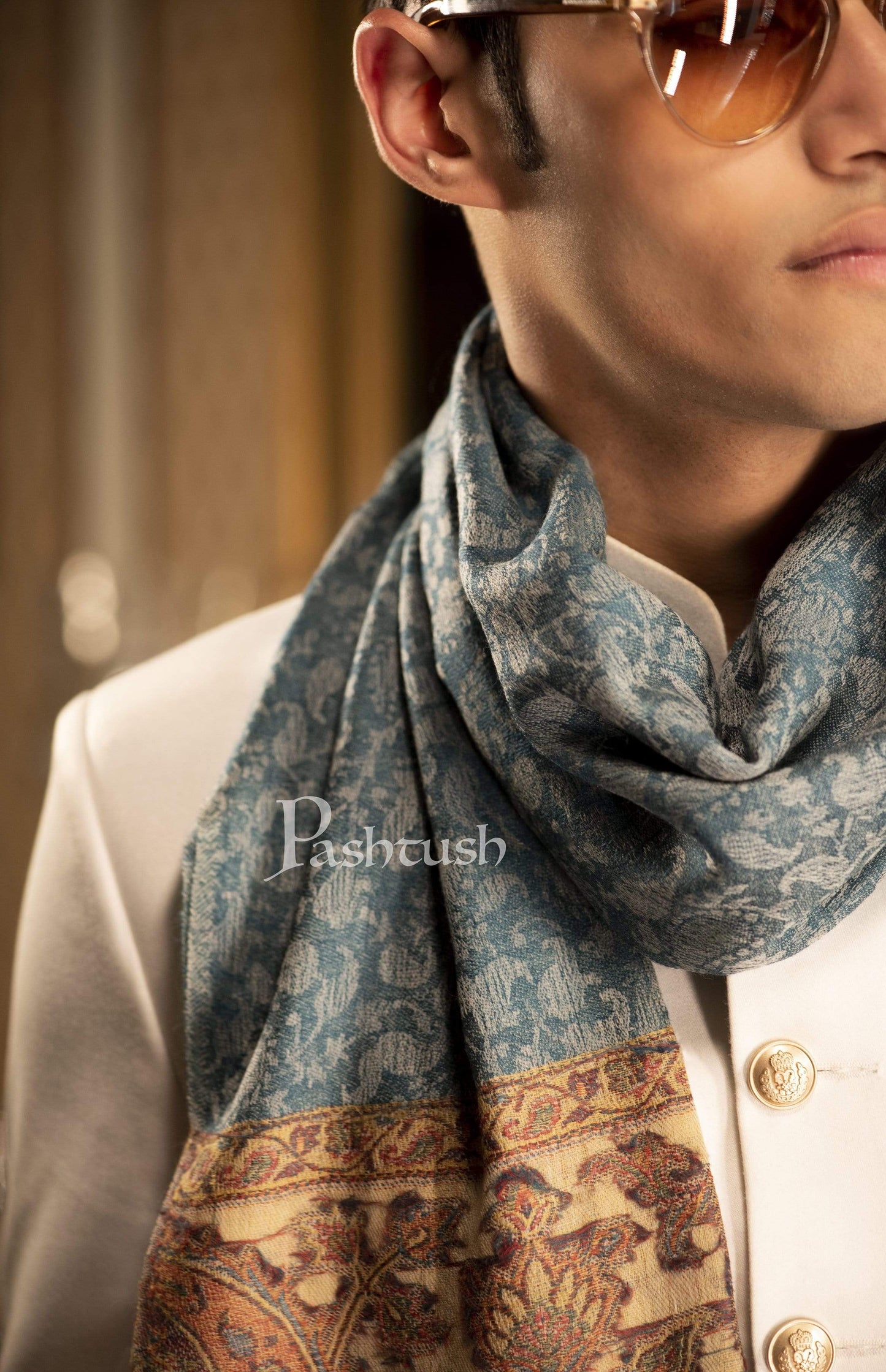 Pashtush India 70x200 Pashtush Mens Cashmere Wool Scarf, Ethnic Design, Arabic Blue