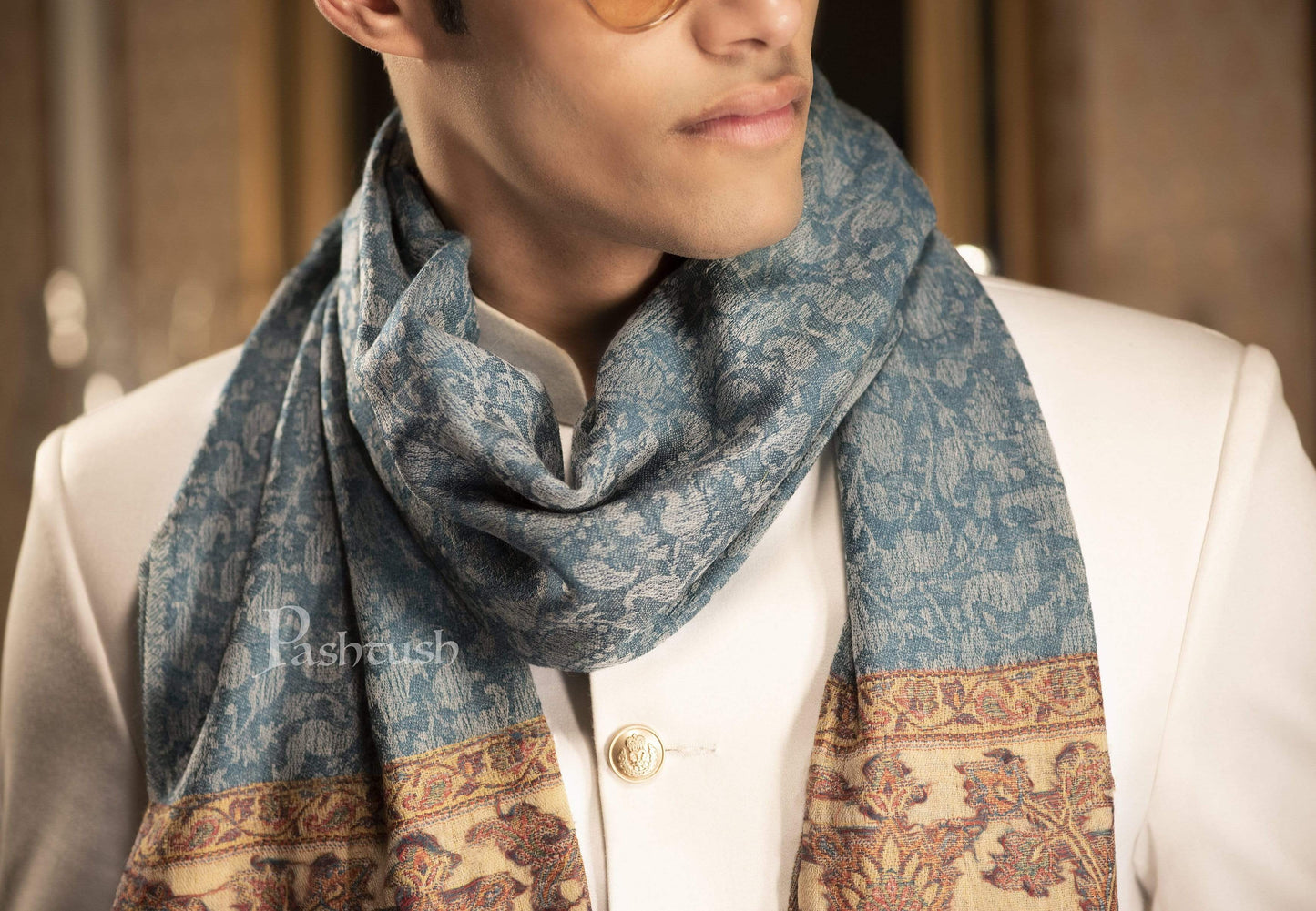 Pashtush India 70x200 Pashtush Mens Cashmere Wool Scarf, Ethnic Design, Arabic Blue