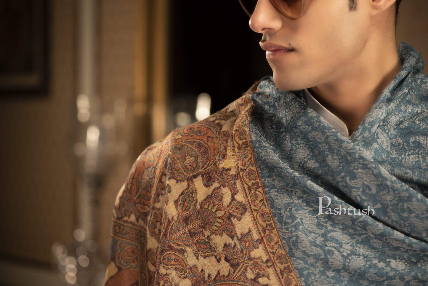 Pashtush India 70x200 Pashtush Mens Cashmere Wool Scarf, Ethnic Design, Arabic Blue