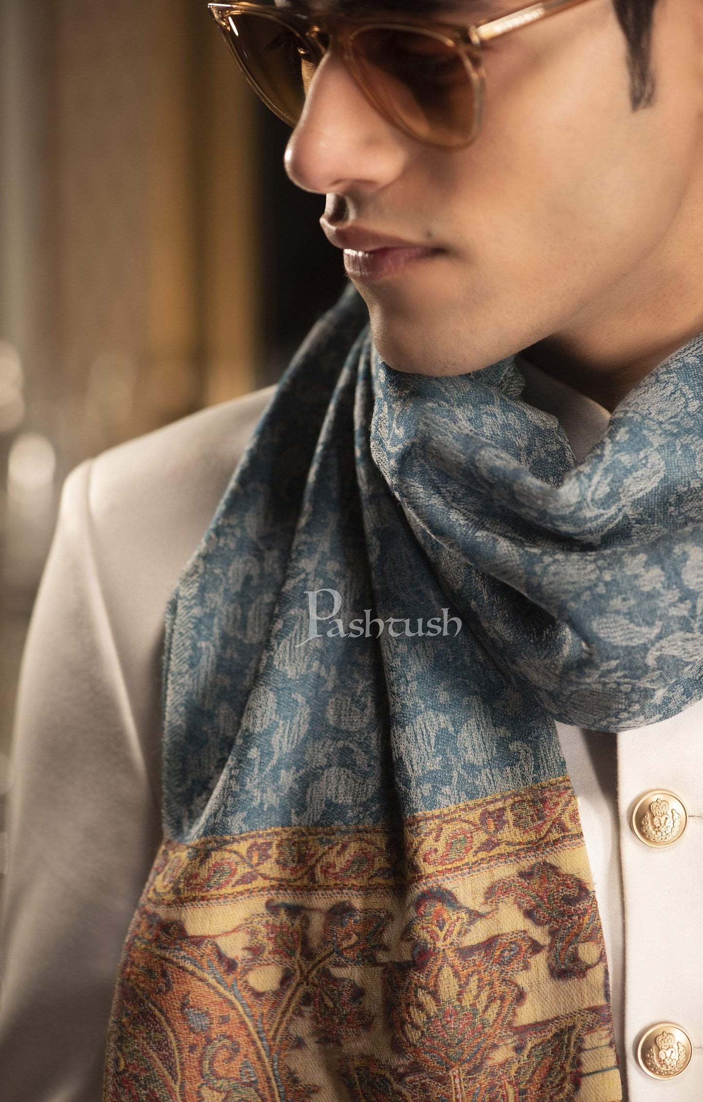 Pashtush India 70x200 Pashtush Mens Cashmere Wool Scarf, Ethnic Design, Arabic Blue