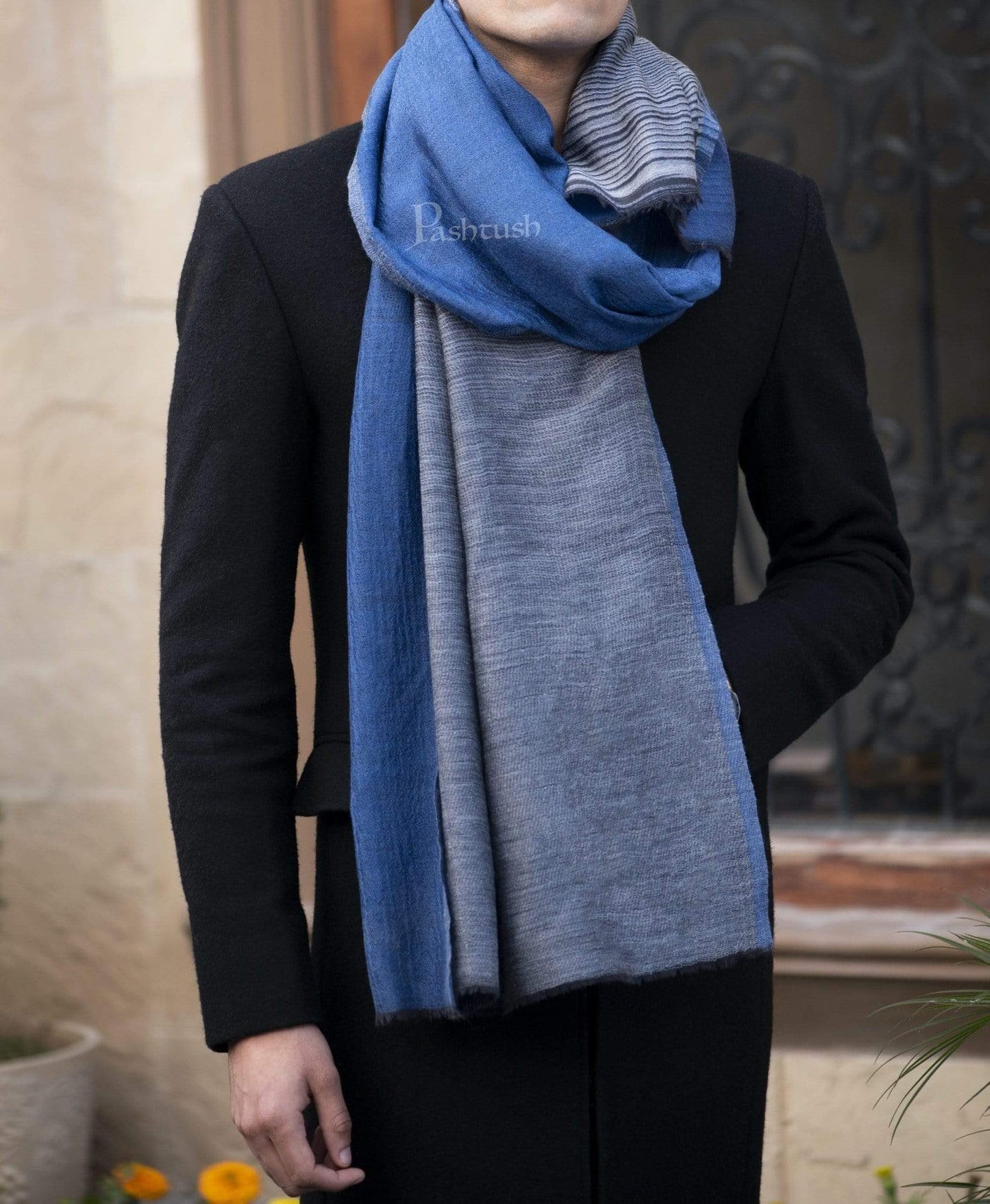 Pashtush India 70x200 Pashtush Mens Cashmere Wool Scarf, Reversible, Twin Weave, Azure Blue