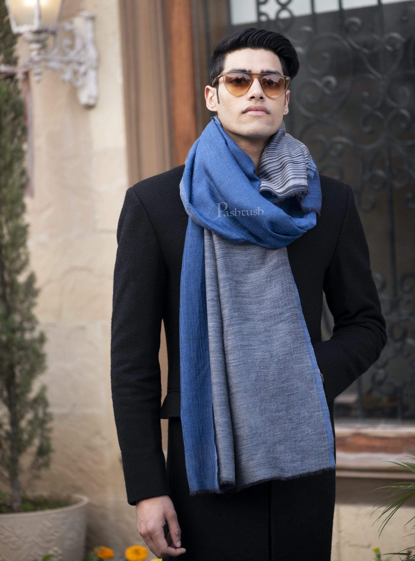 Pashtush India 70x200 Pashtush Mens Cashmere Wool Scarf, Reversible, Twin Weave, Azure Blue