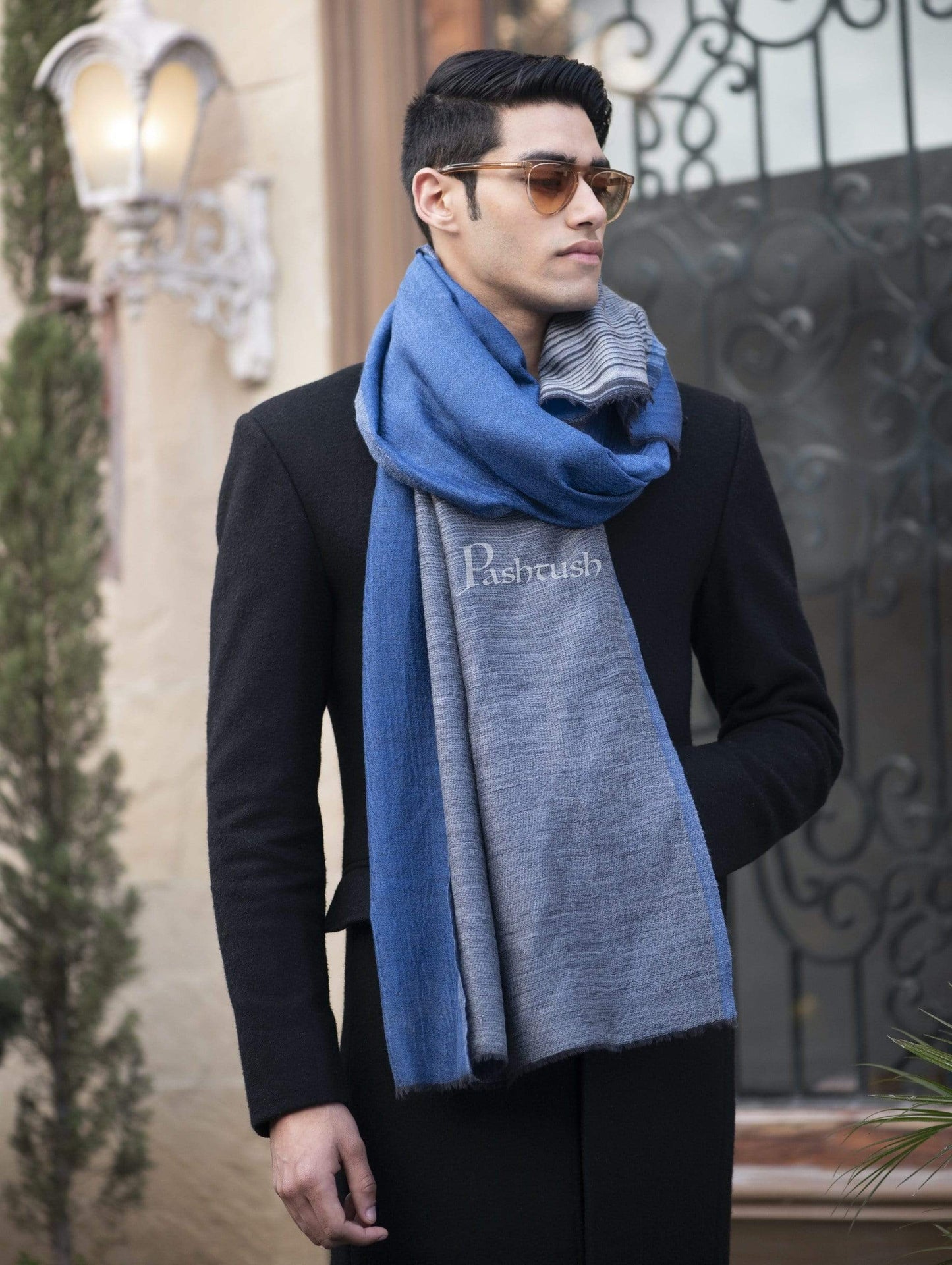 Pashtush India 70x200 Pashtush Mens Cashmere Wool Scarf, Reversible, Twin Weave, Azure Blue