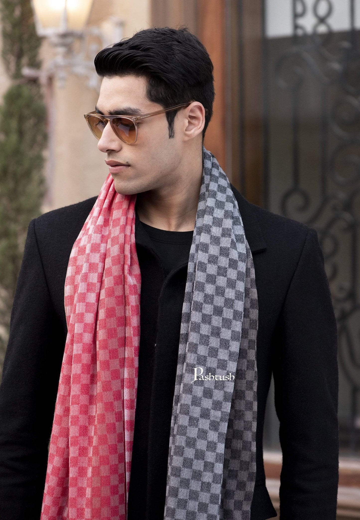 Pashtush India 70x200 Pashtush Mens Cashmere Wool Scarf, Reversible Weave, Crimson - Black