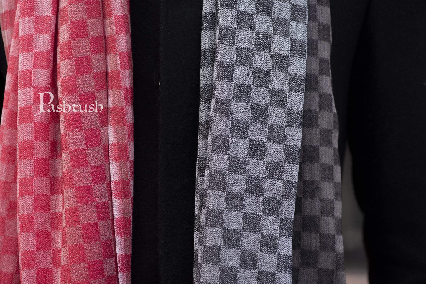 Pashtush India 70x200 Pashtush Mens Cashmere Wool Scarf, Reversible Weave, Crimson - Black