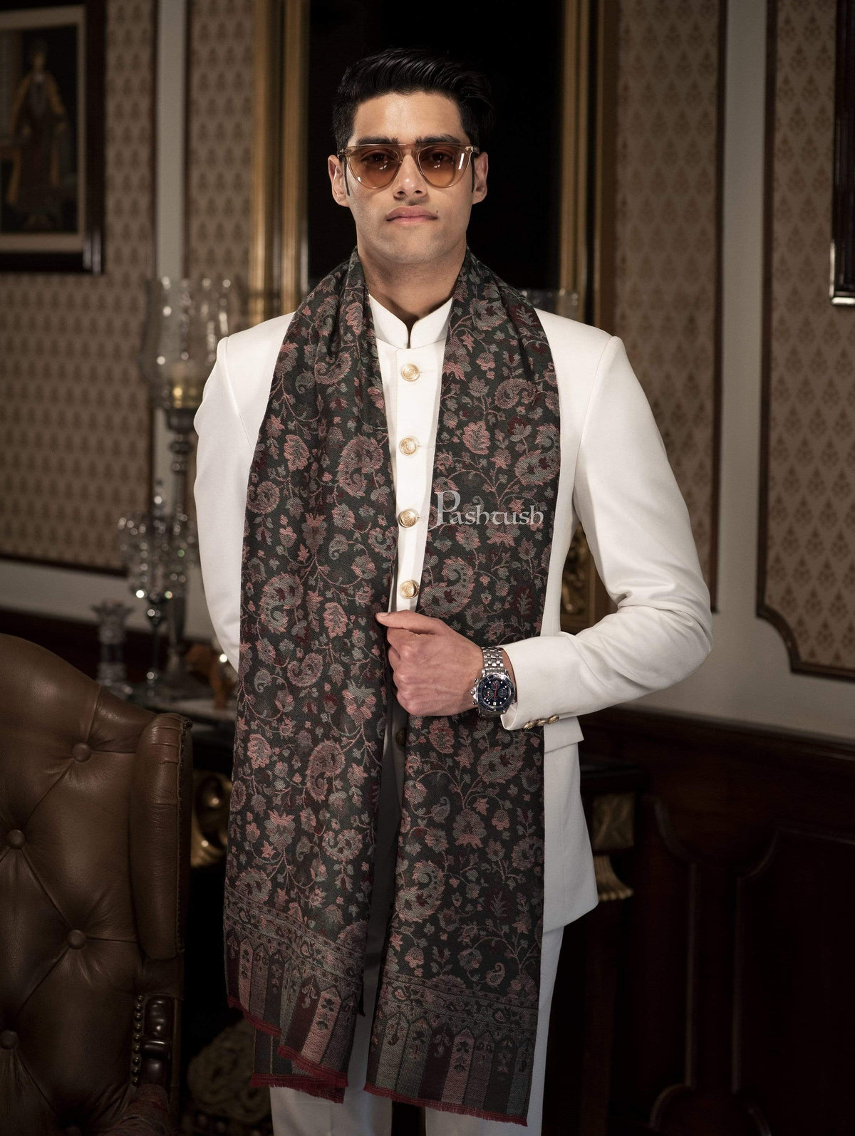 Pashtush India 70x200 Pashtush Mens Cashmere Wool Scarf, Reversible Weave, Twin Coloured Paisley Weave Scarf