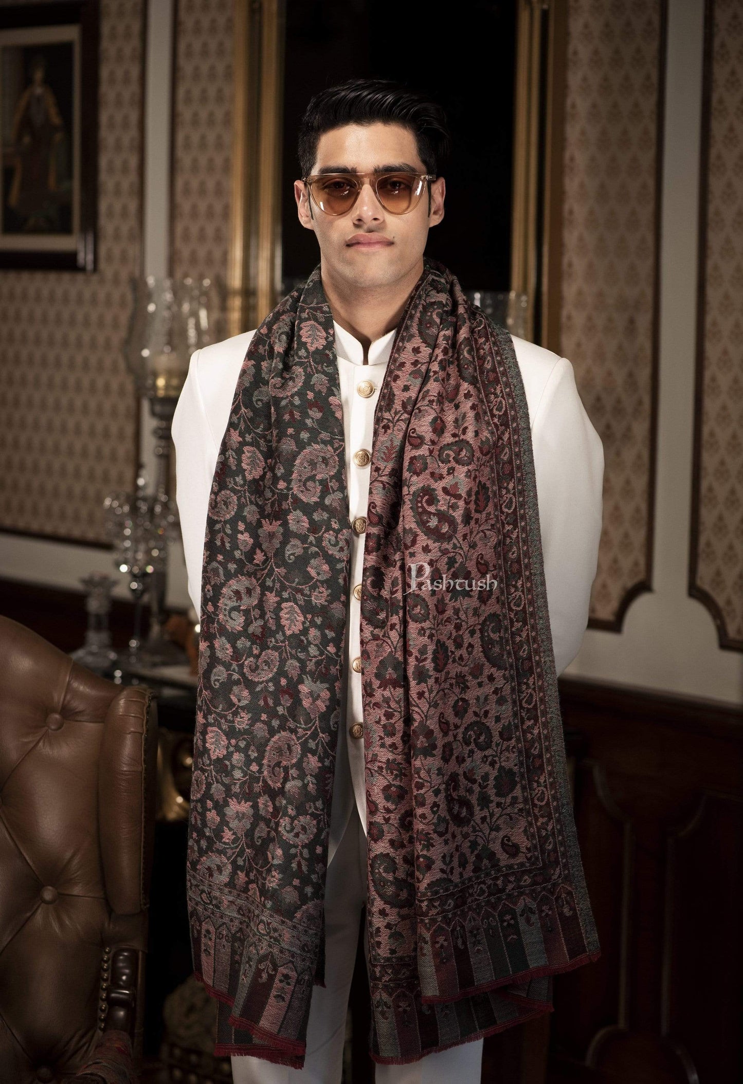 Pashtush India 70x200 Pashtush Mens Cashmere Wool Scarf, Reversible Weave, Twin Coloured Paisley Weave Scarf