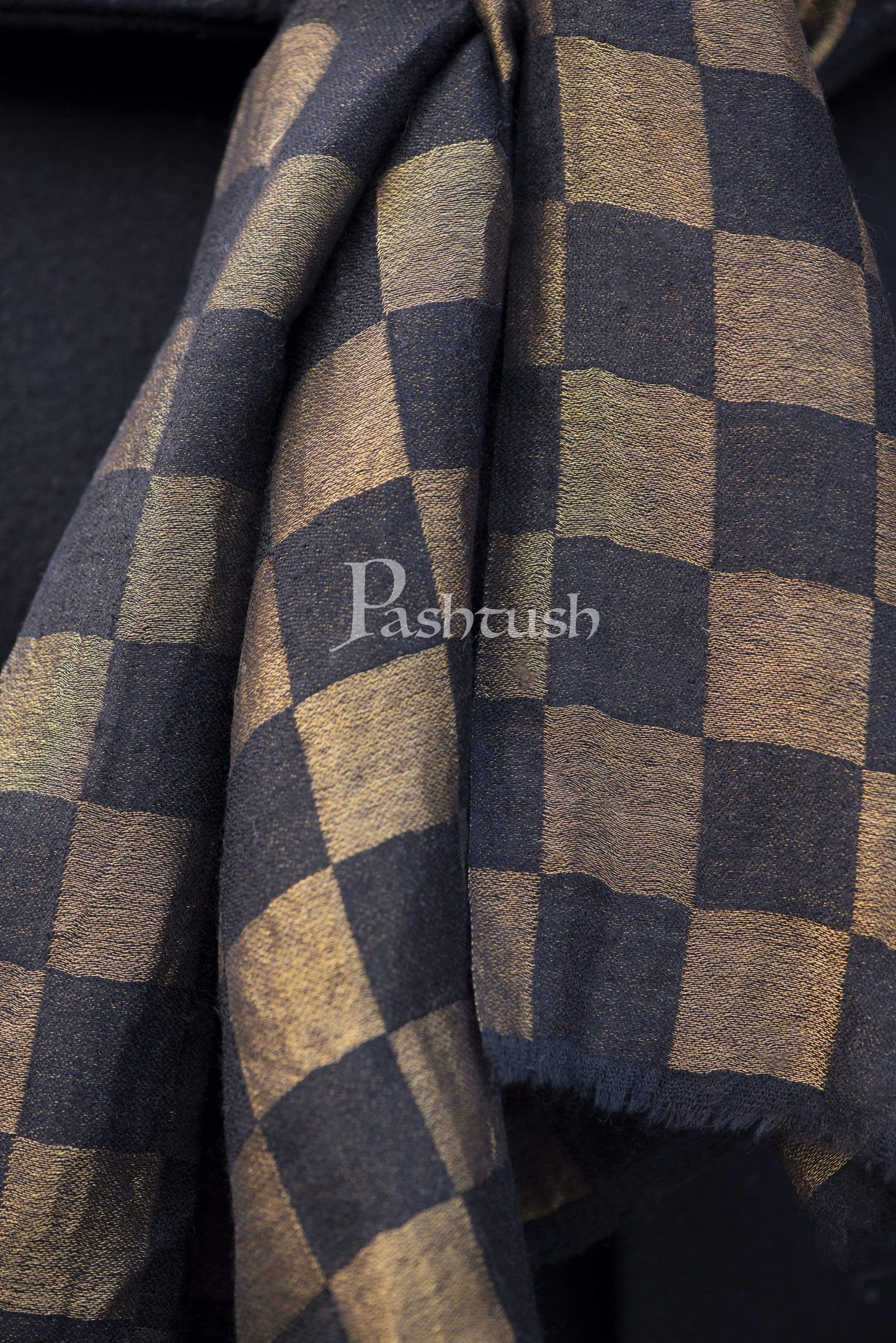 Pashtush India 70x200 Pashtush Mens Checkered Scarf, With Metallic Thread Weave, Black and Gold