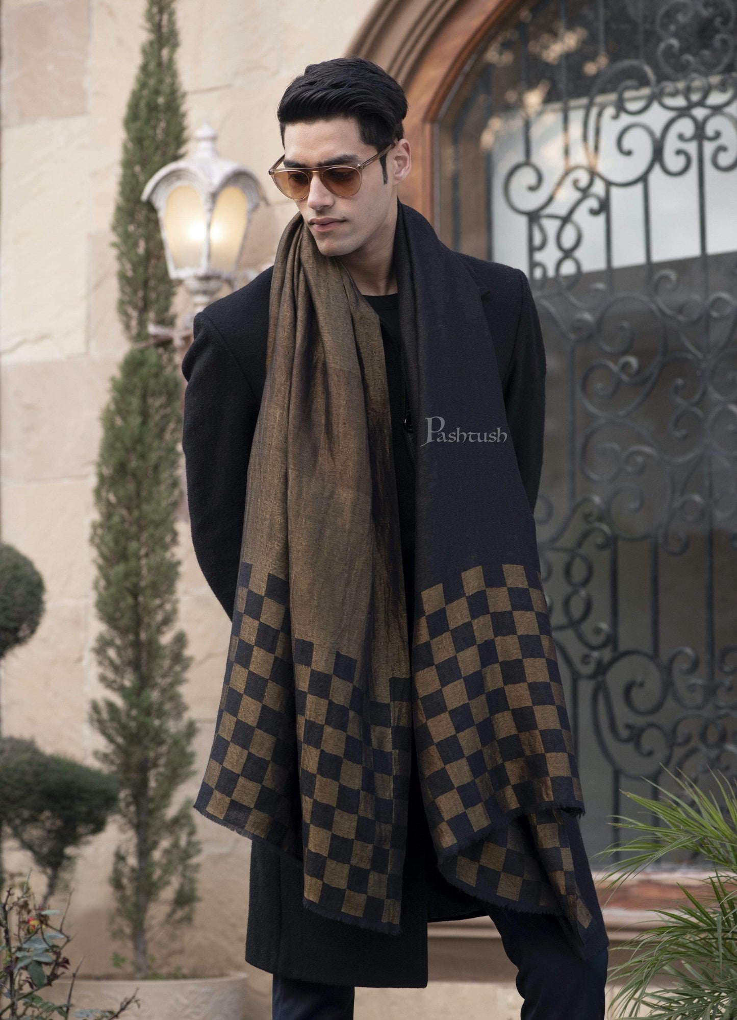 Pashtush India 70x200 Pashtush Mens Checkered Scarf, With Metallic Thread Weave, Black and Gold