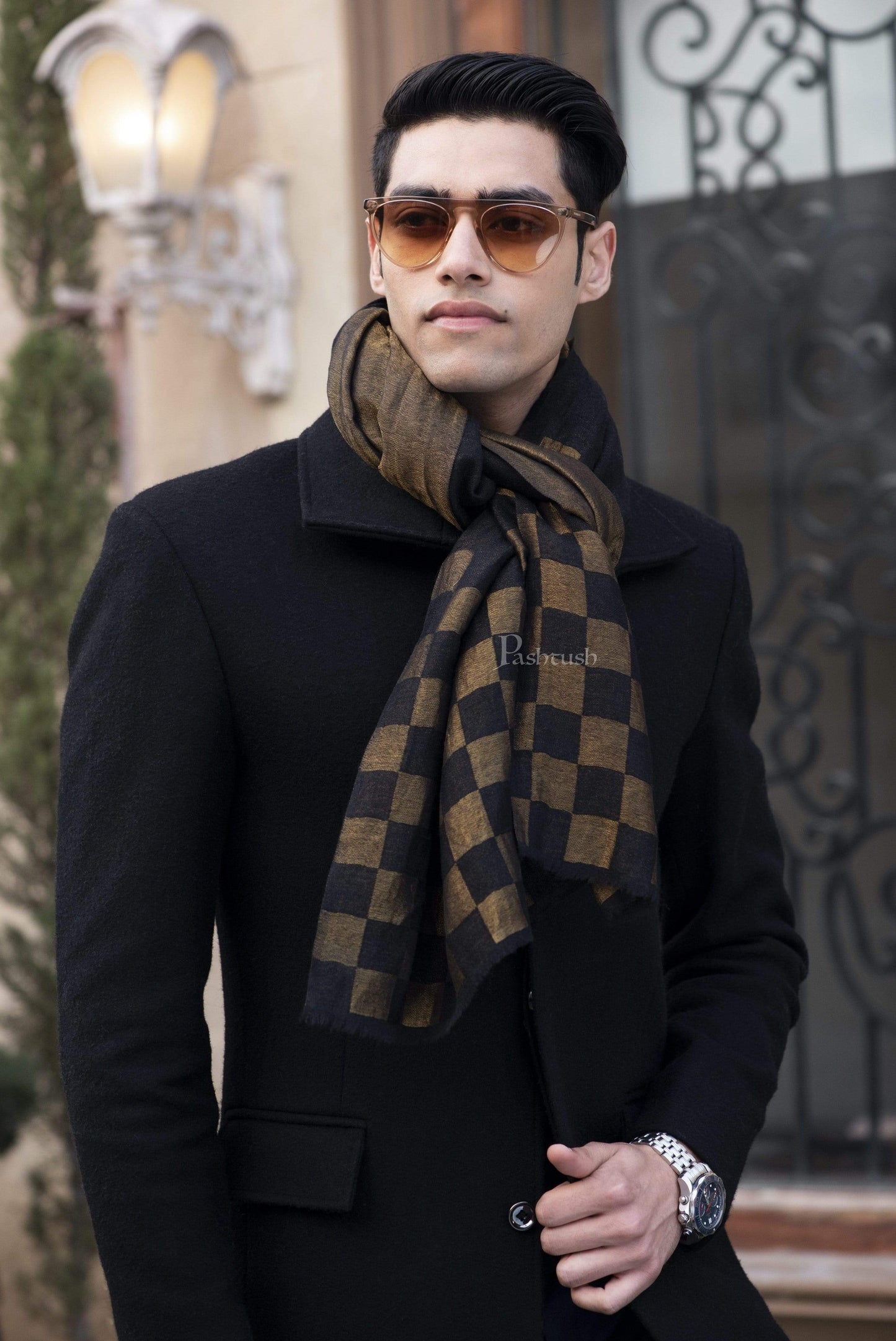 Pashtush India 70x200 Pashtush Mens Checkered Scarf, With Metallic Thread Weave, Black and Gold