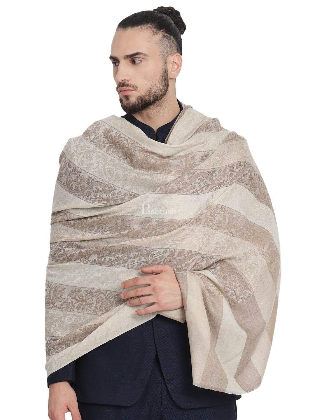 Pashtush India 114x228 Pashtush Mens Checkered Shawl, Natural Beige, Fine Wool, Medium