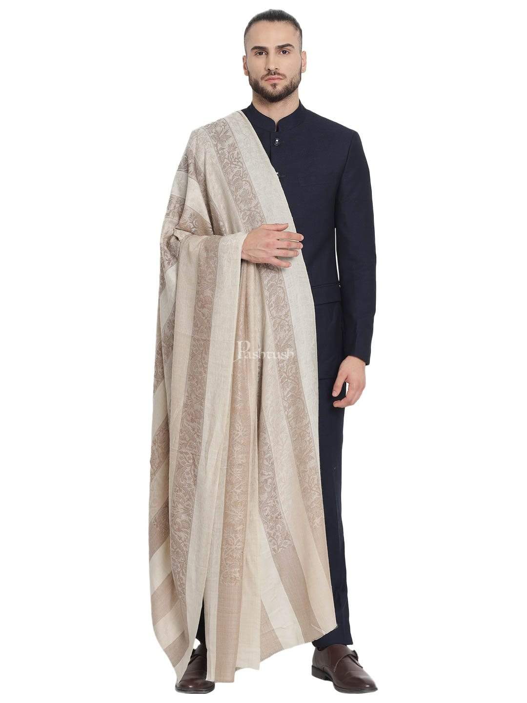 Pashtush India 114x228 Pashtush Mens Checkered Shawl, Natural Beige, Fine Wool, Medium