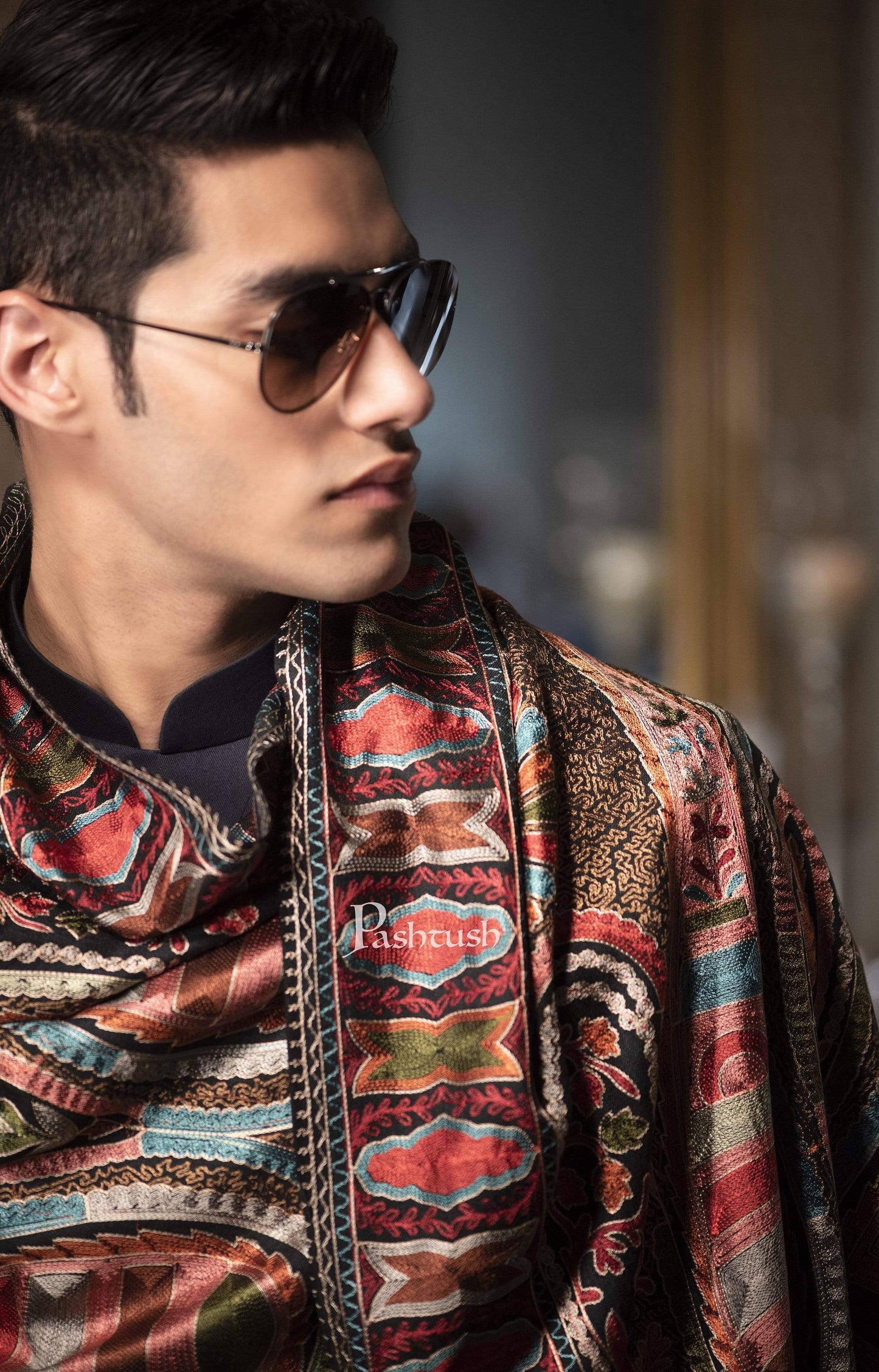 Pashtush India 70x200 Pashtush Mens Collection, Wool Embroidery Nalki Scarf, Rich Black