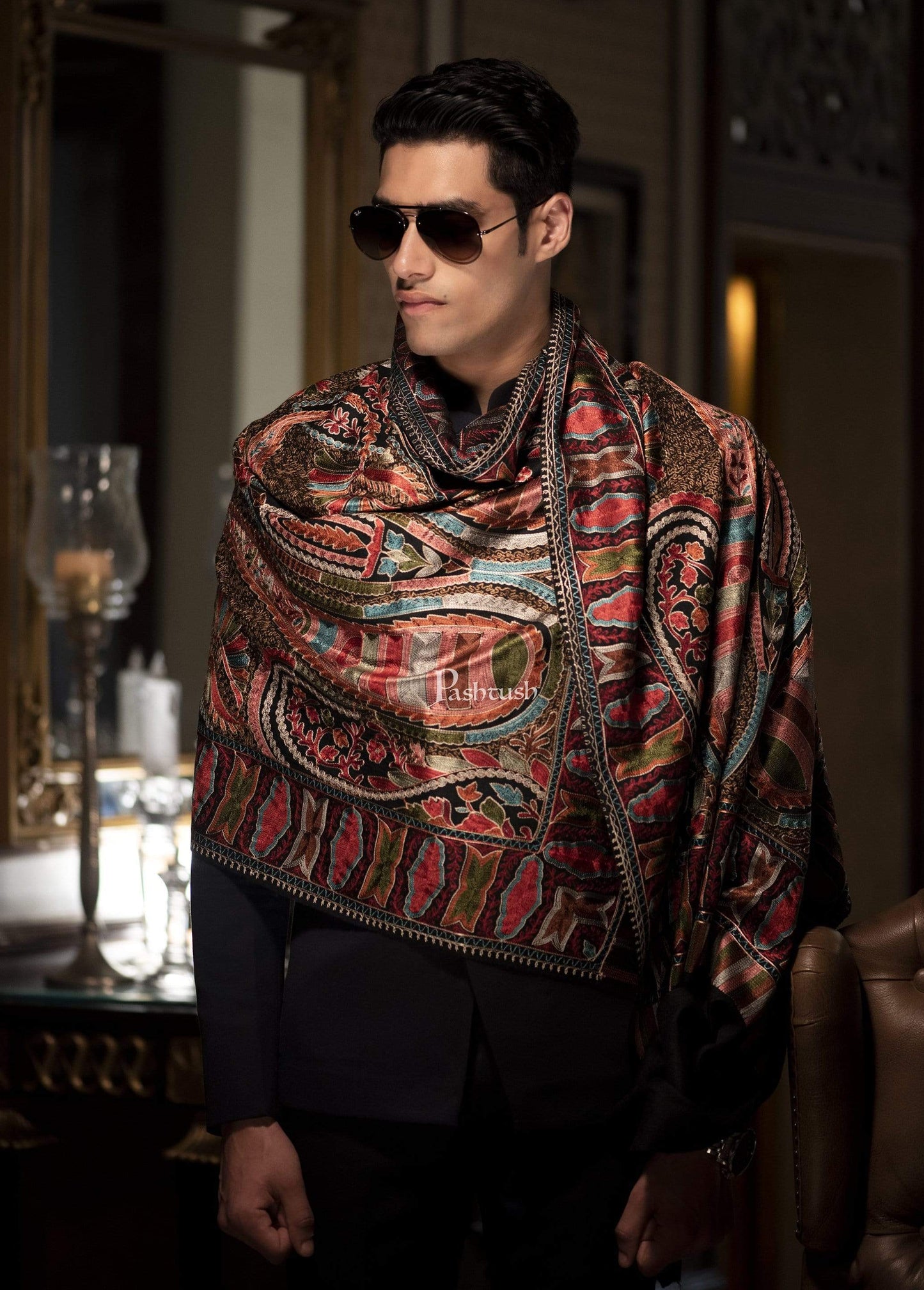 Pashtush India 70x200 Pashtush Mens Collection, Wool Embroidery Nalki Scarf, Rich Black