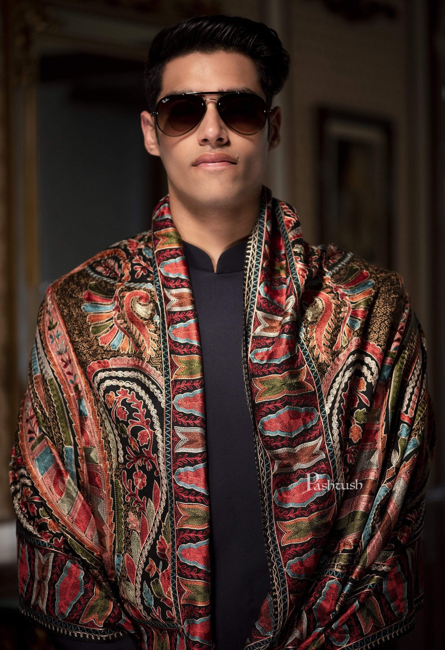 Pashtush India 70x200 Pashtush Mens Collection, Wool Embroidery Nalki Scarf, Rich Black