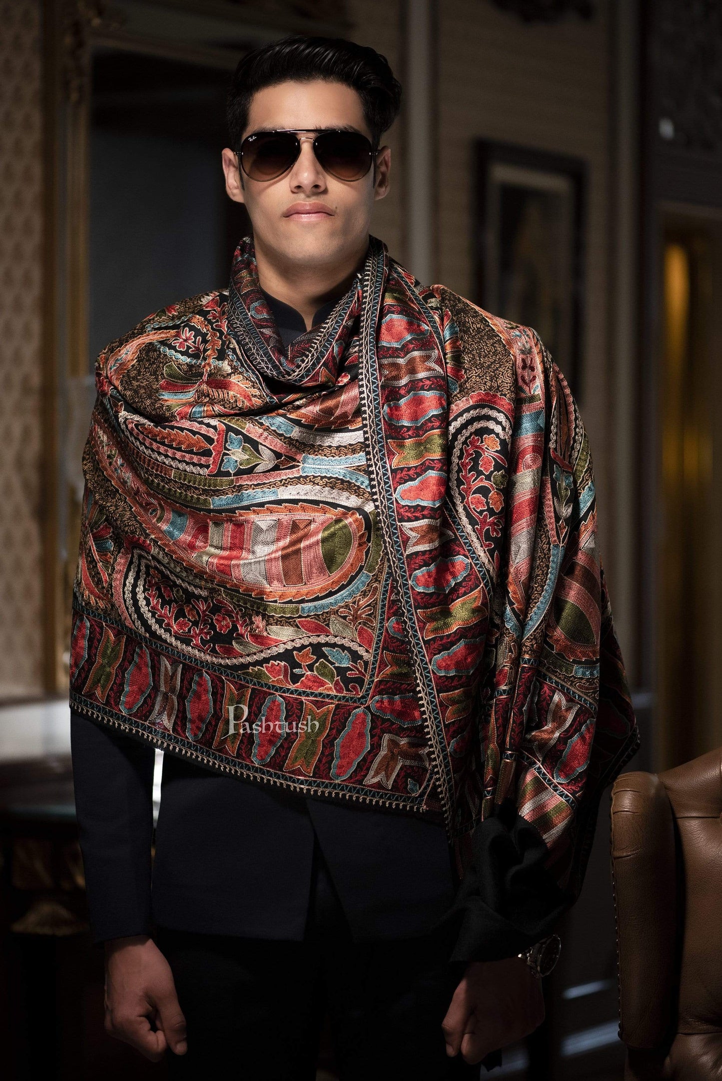 Pashtush India 70x200 Pashtush Mens Collection, Wool Embroidery Nalki Scarf, Rich Black