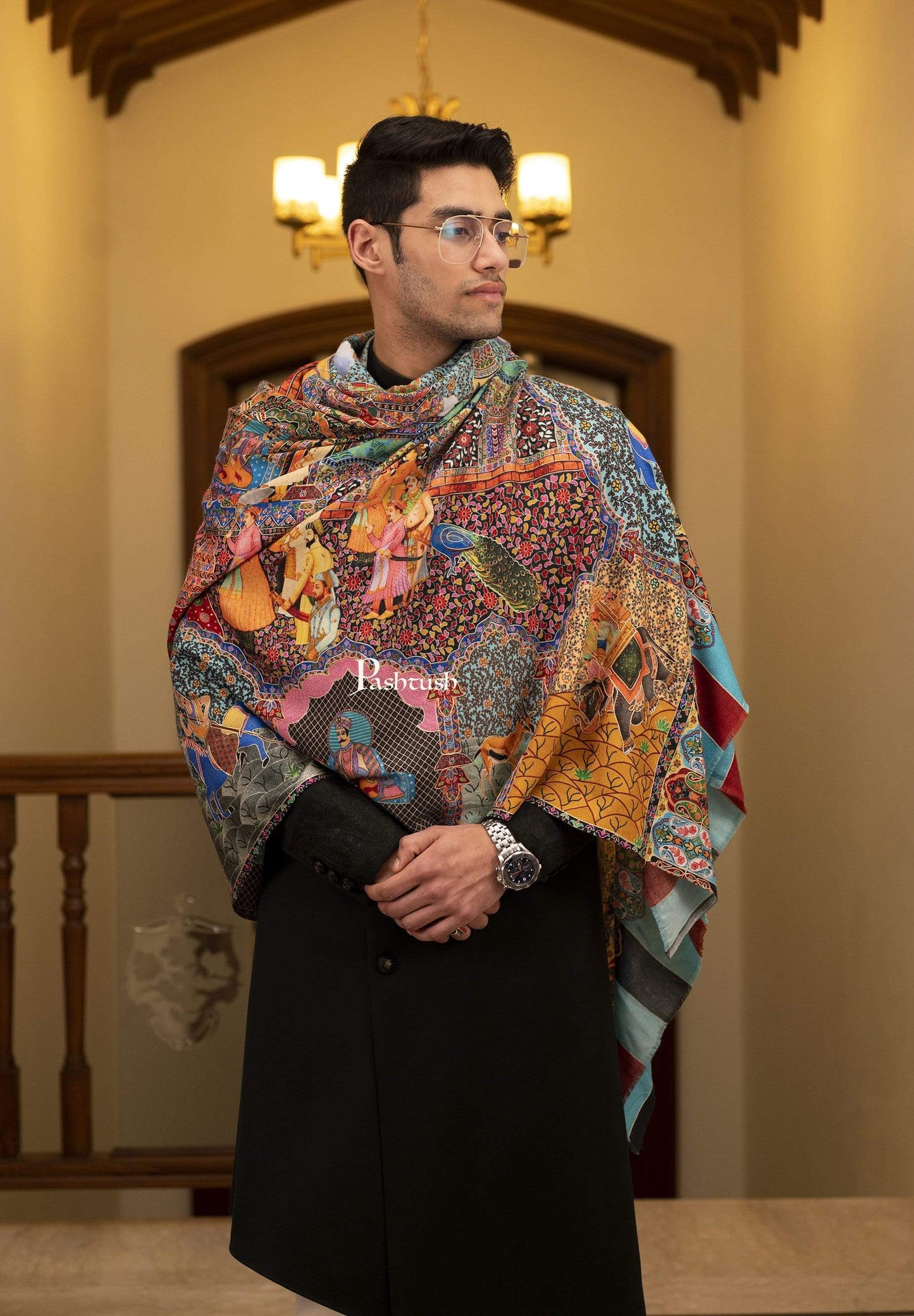 Pashtush India 127x254 Pashtush Mens Darbar Printed Shawl, 100% Pure, Woolmark Certified, Full Size