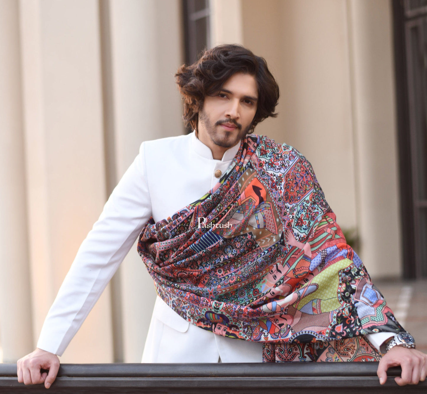 Pashtush India Mens Shawls Gents Shawl Pashtush Mens Darbar Printed Shawl, 100% Pure, Woolmark Certified, Full Size