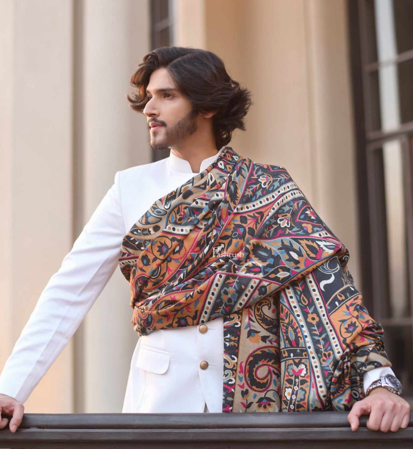 Pashtush India Mens Shawls Gents Shawl Pashtush Mens Darbar Printed Shawl, 100% Pure, Woolmark Certified, Full Size