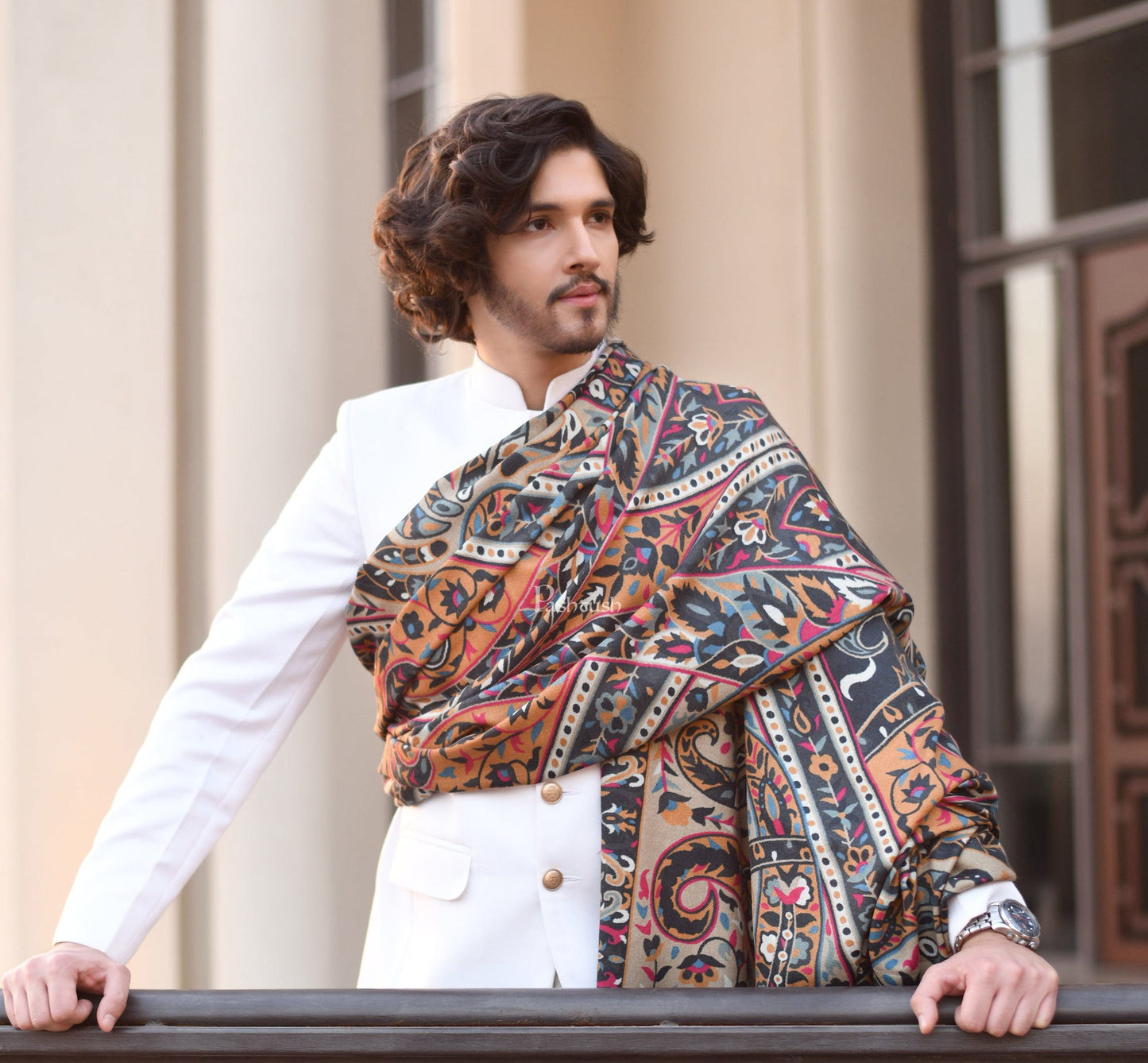 Pashtush India Mens Shawls Gents Shawl Pashtush Mens Darbar Printed Shawl, 100% Pure, Woolmark Certified, Full Size