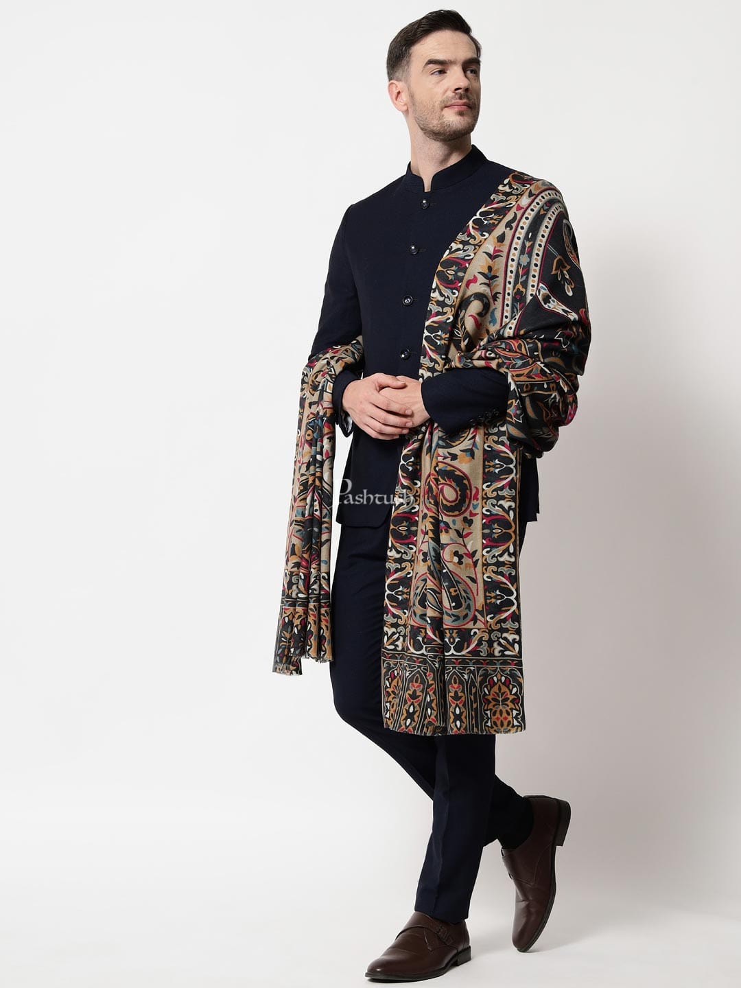 Pashtush India Mens Shawls Gents Shawl Pashtush Mens Darbar Printed Shawl, 100% Pure, Woolmark Certified, Full Size