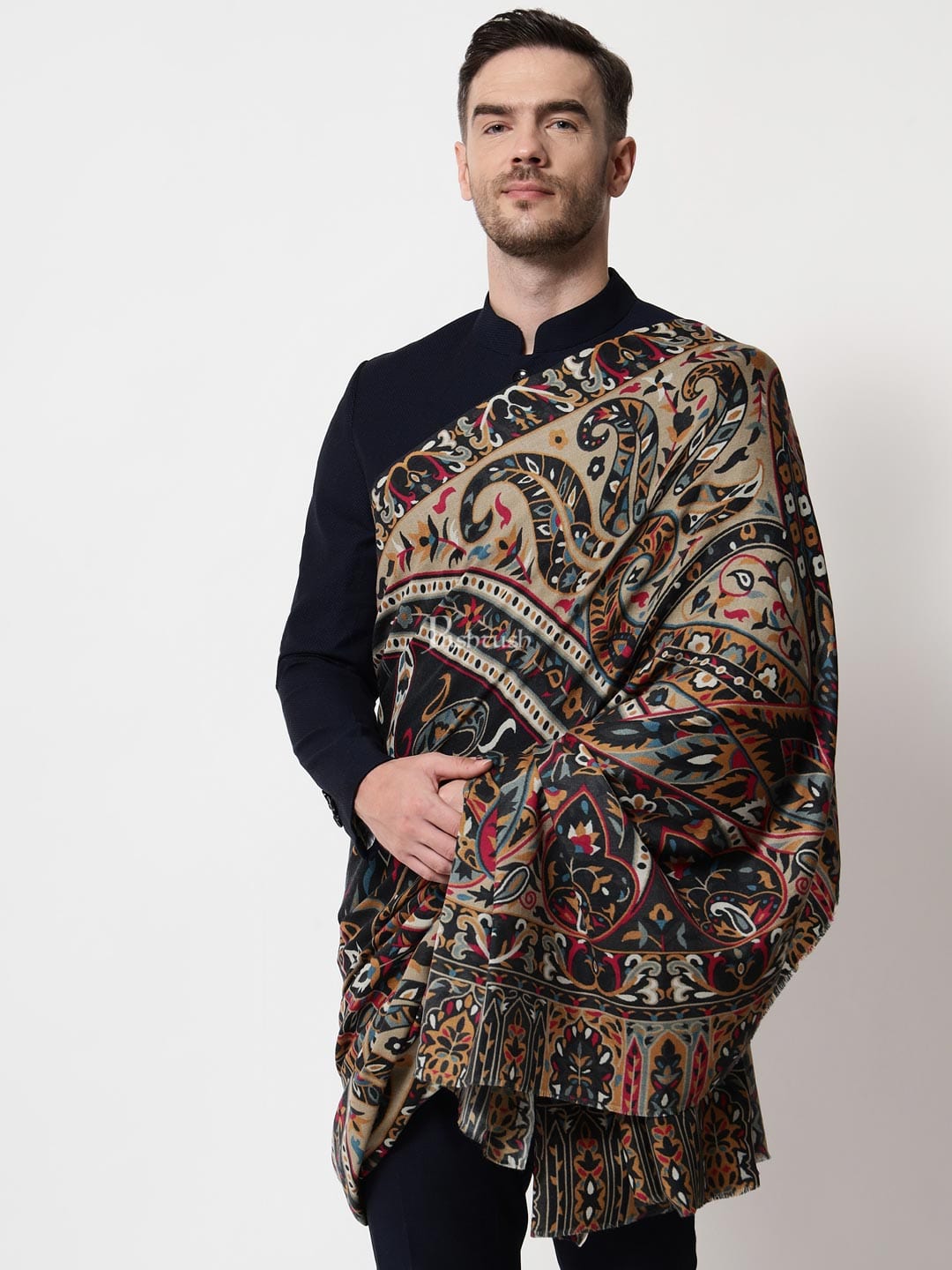 Pashtush India Mens Shawls Gents Shawl Pashtush Mens Darbar Printed Shawl, 100% Pure, Woolmark Certified, Full Size