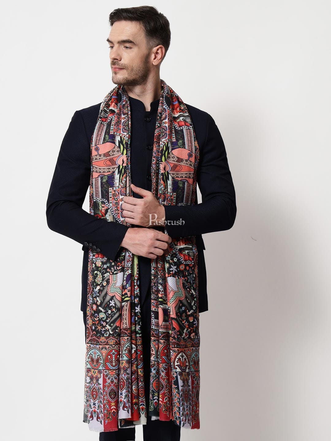 Pashtush India Mens Shawls Gents Shawl Pashtush Mens Darbar Printed Shawl, 100% Pure, Woolmark Certified,Full Size