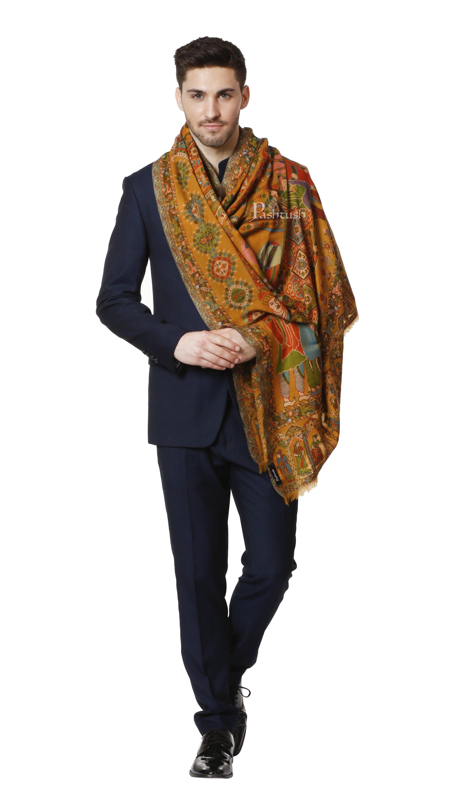 Pashtush India 100x200 Pashtush Mens Darbar Stole, With Woven Kaani, Pure Wool, Woolmark Certified