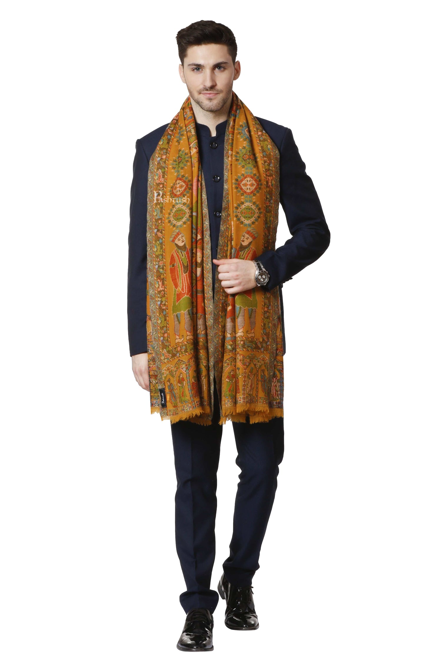 Pashtush India 100x200 Pashtush Mens Darbar Stole, With Woven Kaani, Pure Wool, Woolmark Certified