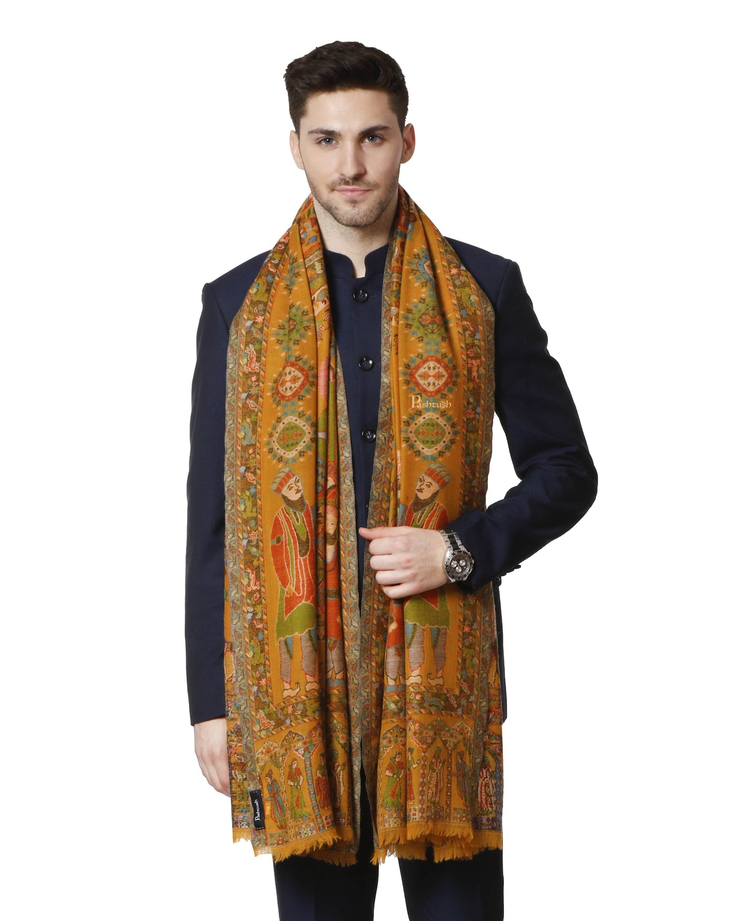 Pashtush India 100x200 Pashtush Mens Darbar Stole, With Woven Kaani, Pure Wool, Woolmark Certified