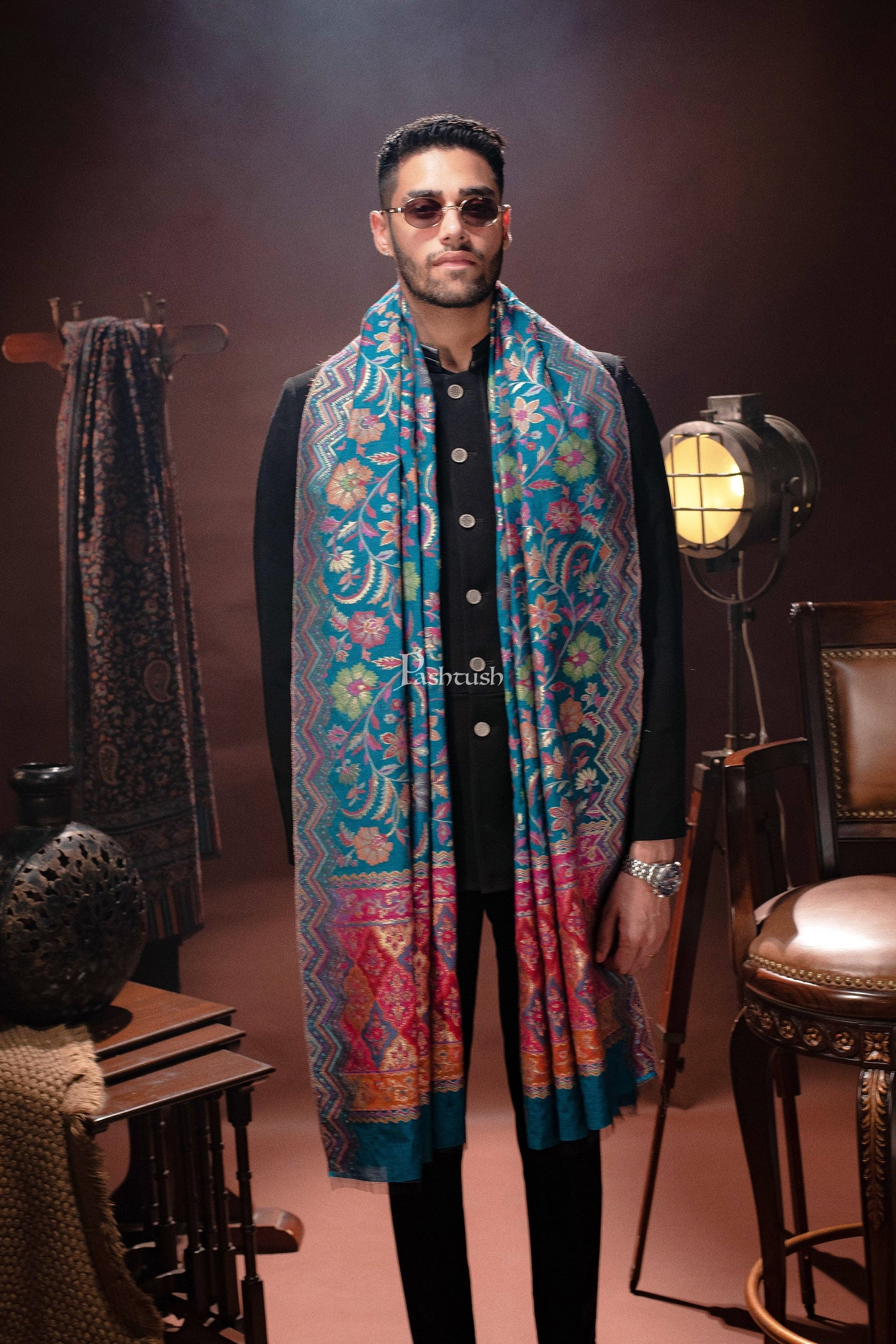 Pashtush India Mens Scarves Stoles and Mufflers Pashtush Mens Dupatta, Extra Fine Silky, Saphire blue