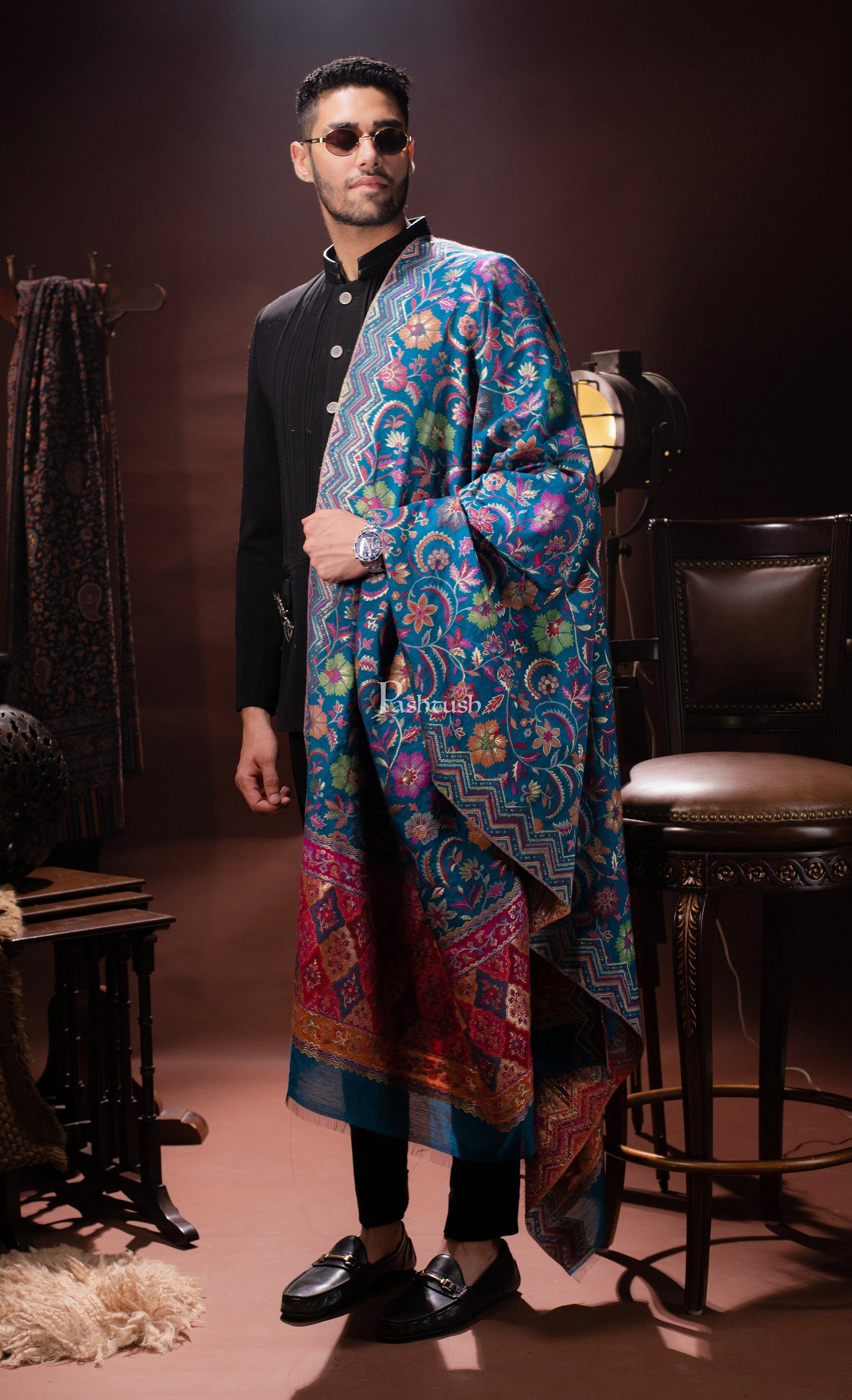 Pashtush India Mens Scarves Stoles and Mufflers Pashtush Mens Dupatta, Extra Fine Silky, Saphire blue