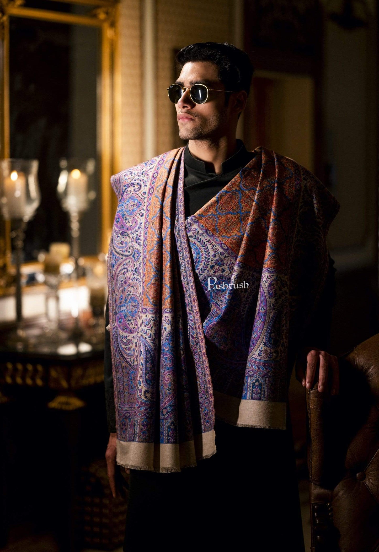 Pashtush India 100x200 Pashtush Mens Embroidered Jamawar Stole, 100% Pure Wool (Woolmark Certified)