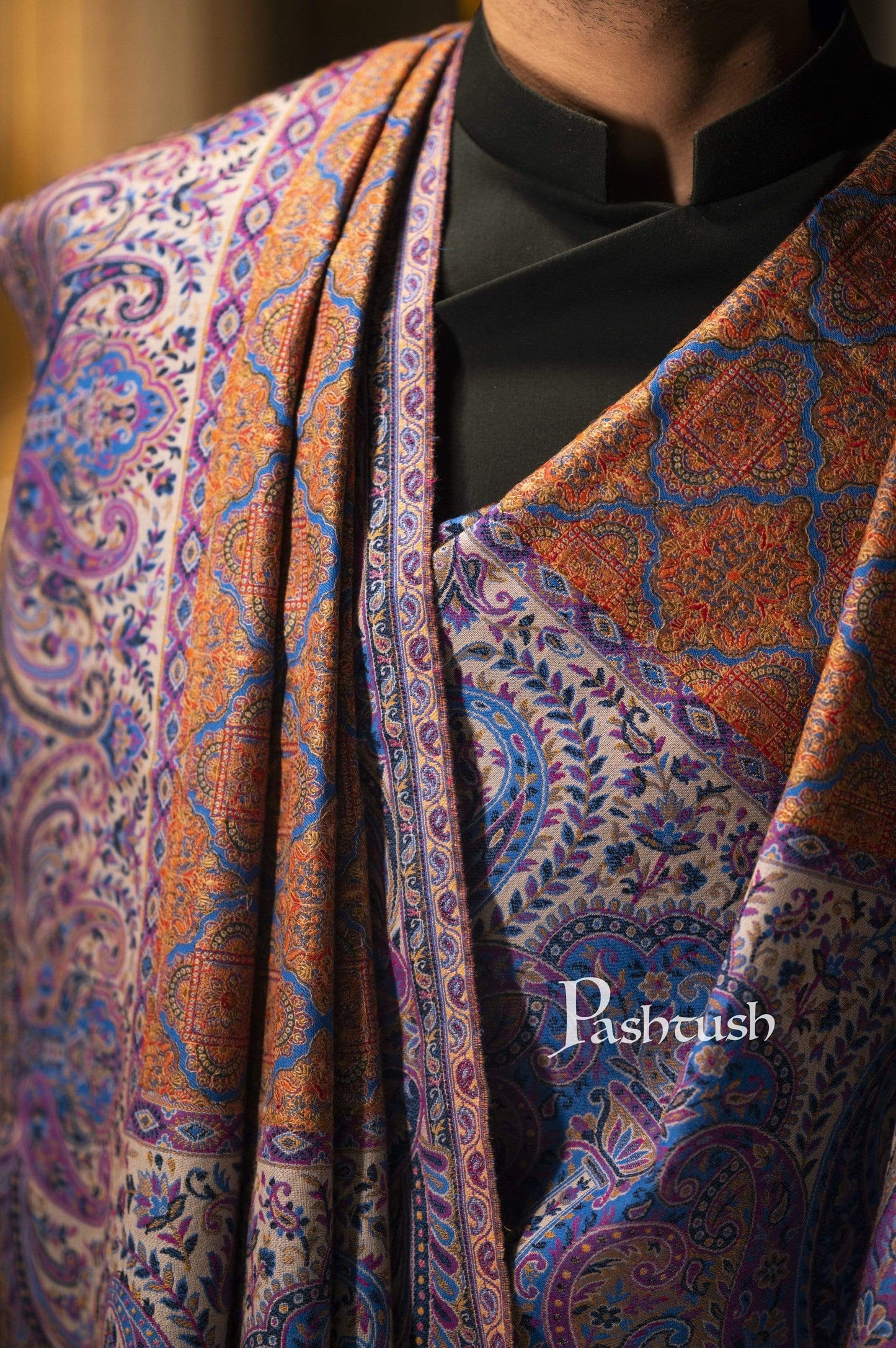 Pashtush India 100x200 Pashtush Mens Embroidered Jamawar Stole, 100% Pure Wool (Woolmark Certified)