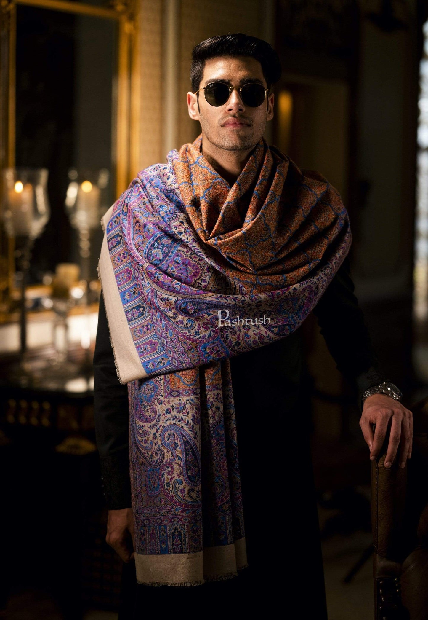 Pashtush India 100x200 Pashtush Mens Embroidered Jamawar Stole, 100% Pure Wool (Woolmark Certified)