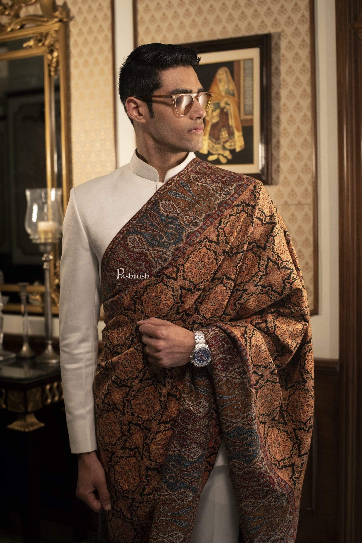 Pashtush India 100x200 Pashtush Mens Embroidered Jamawar Stole, 100% Pure Wool (Woolmark Certified)