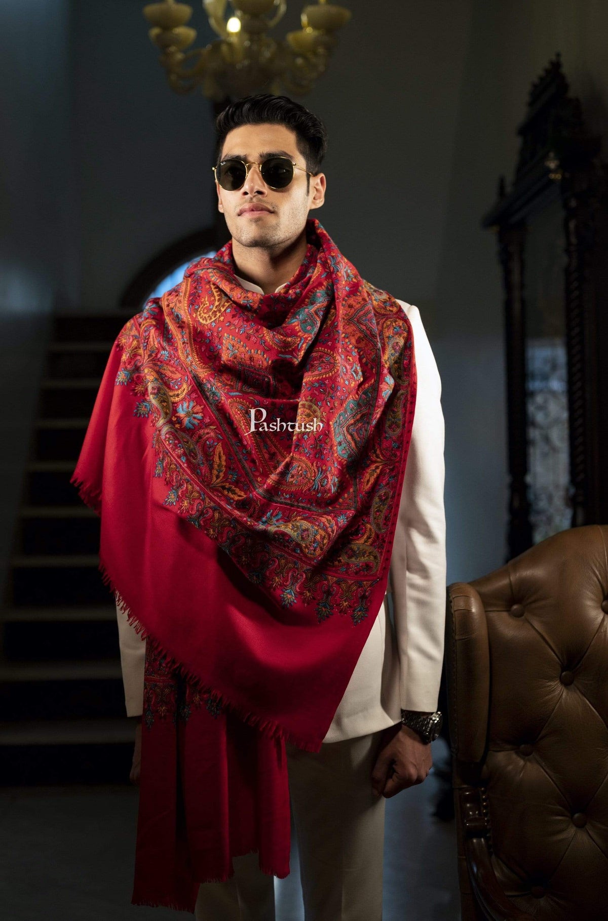 Pashtush India 100x200 Pashtush Mens Embroidered Jamawar Stole, Fine Wool, Soft and Warm