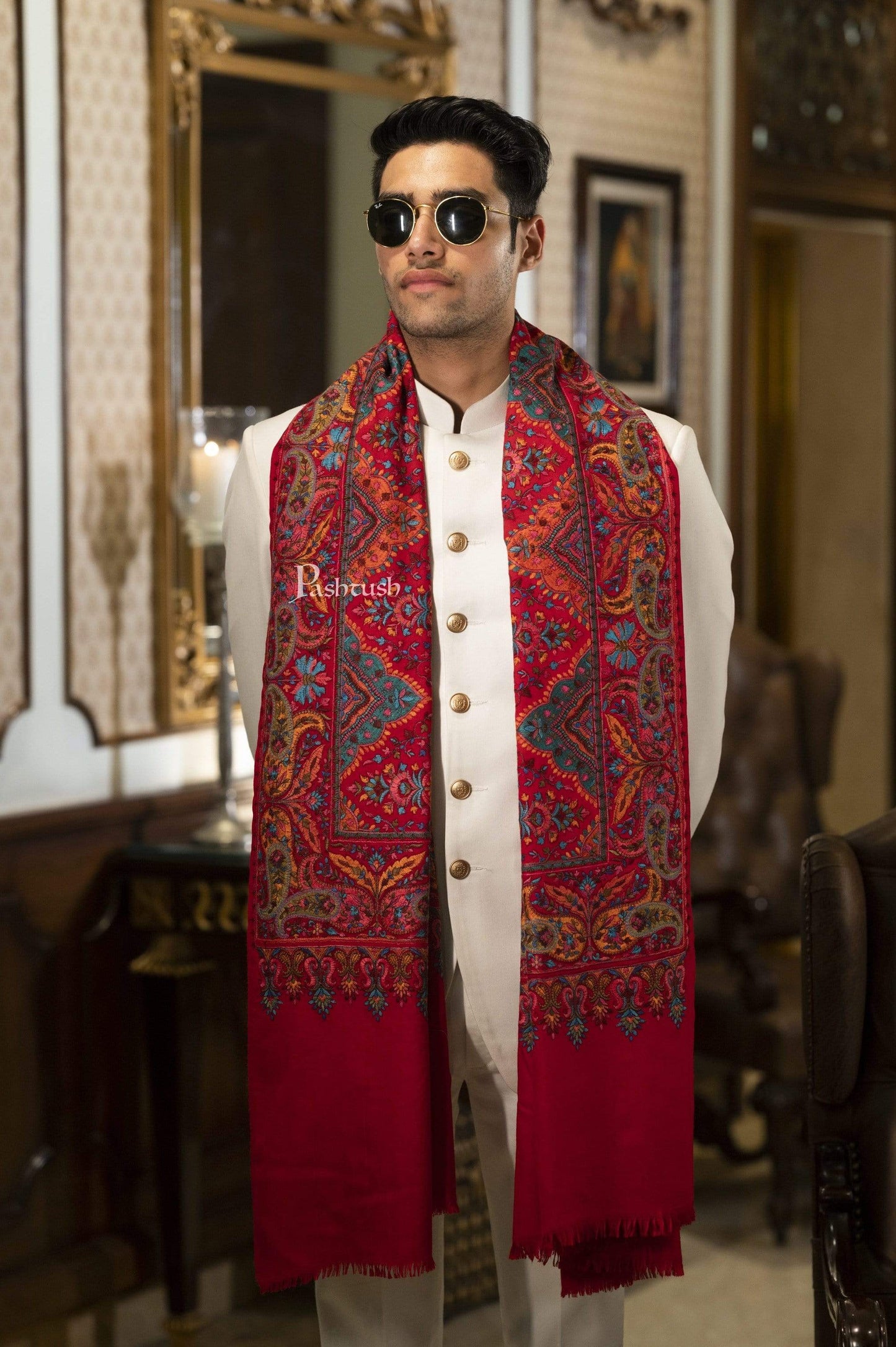 Pashtush India 100x200 Pashtush Mens Embroidered Jamawar Stole, Fine Wool, Soft and Warm