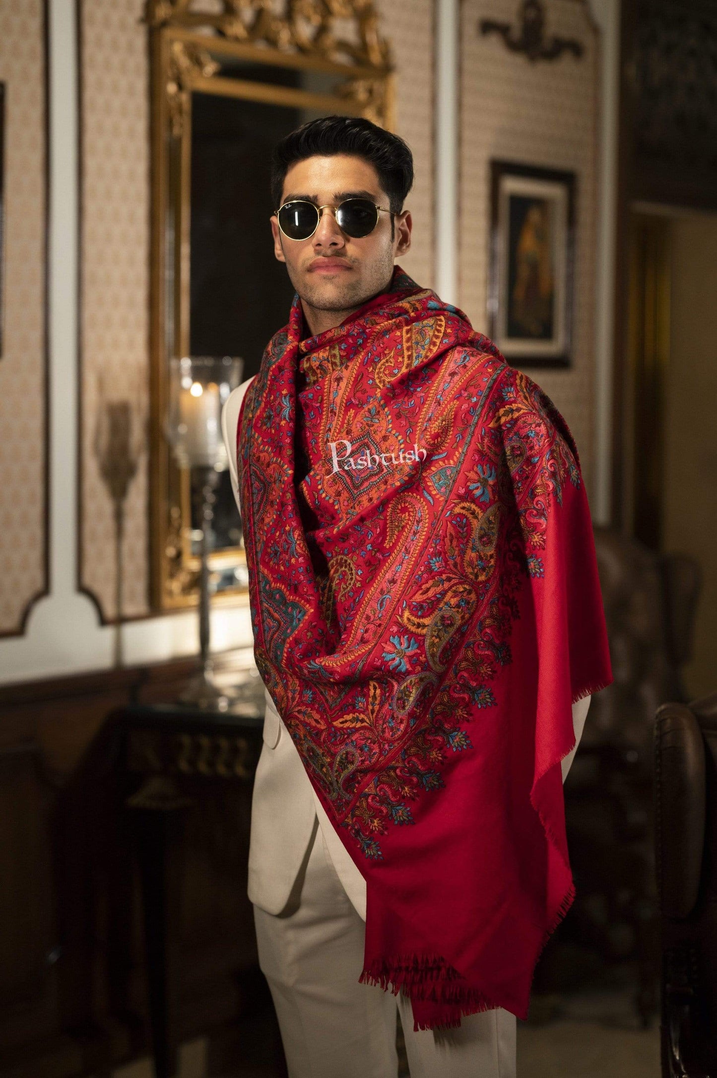 Pashtush India 100x200 Pashtush Mens Embroidered Jamawar Stole, Fine Wool, Soft and Warm
