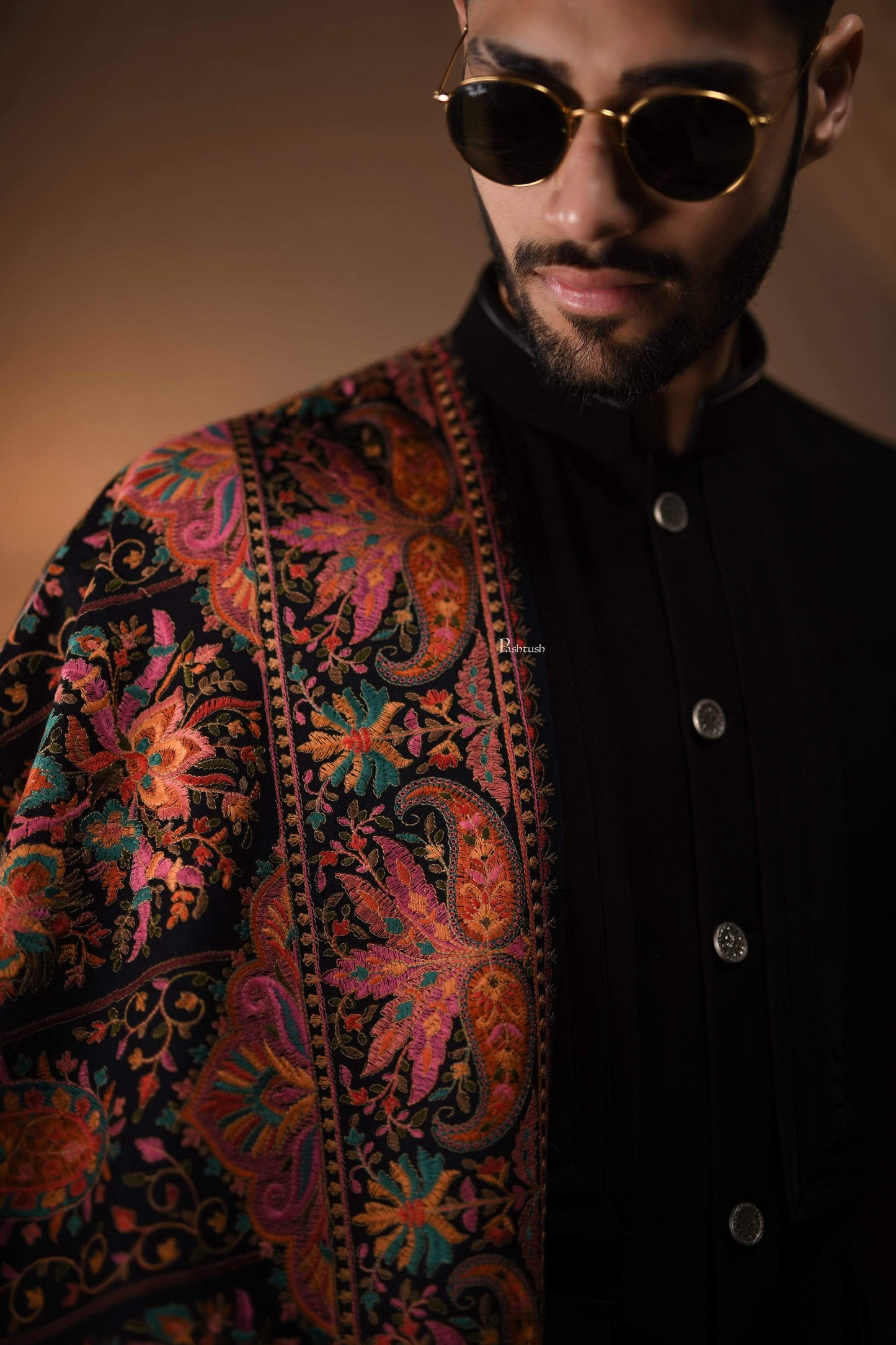 Pashtush India 100x200 Pashtush Mens Embroidered Jamawar Stole, Fine Wool, Soft and Warm